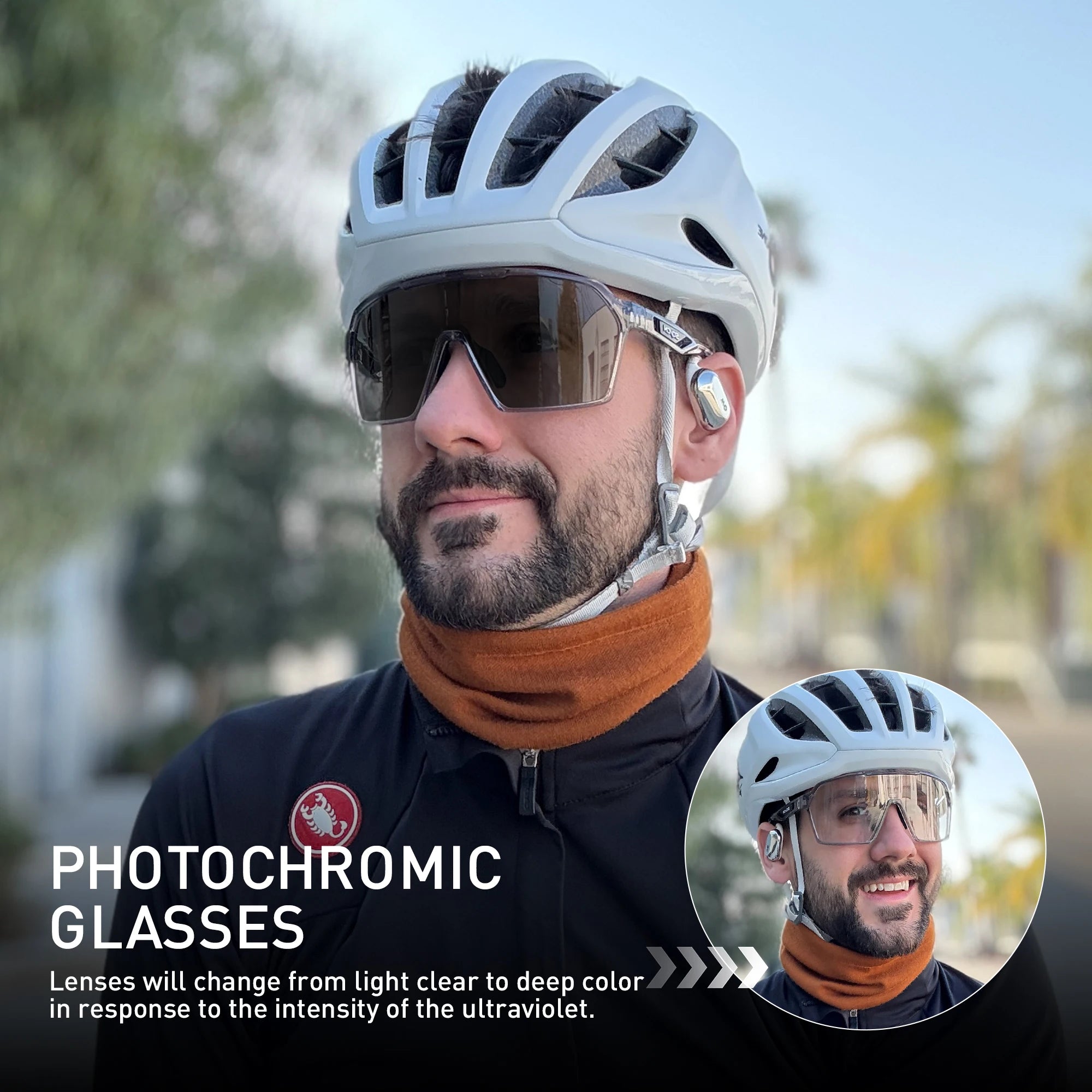 Cyclist wearing SCVCN UV400 cycling glasses with photochromic lenses that darken in sunlight. Designed for outdoor sports and biking comfort.