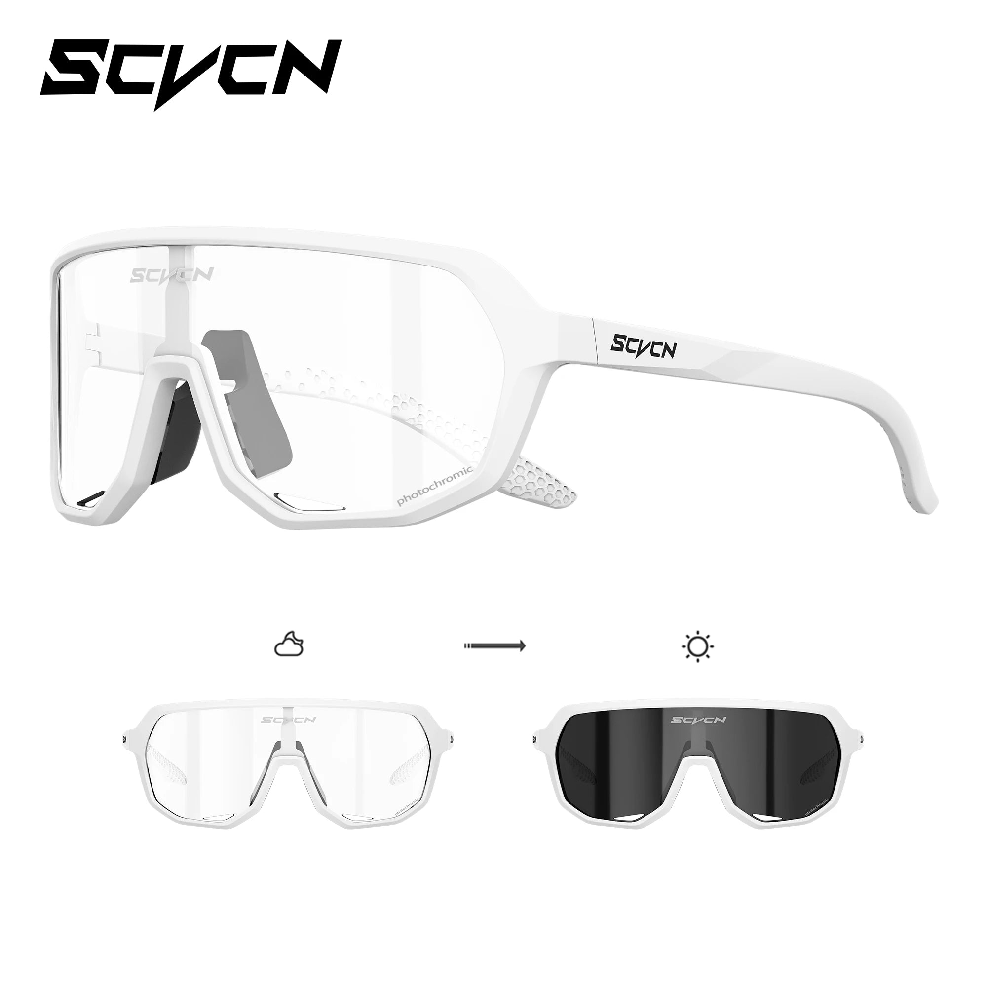 Buy SCVCN MTB Glasses with photochromic UV400 lenses and interchangeable clear-to-dark lens for outdoor cycling and mountaineering.
