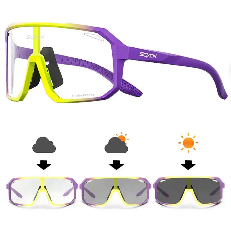 SCVCN photochromic cycling glasses in purple-yellow frame with adaptive lenses for varying sunlight, perfect for outdoor sports use.