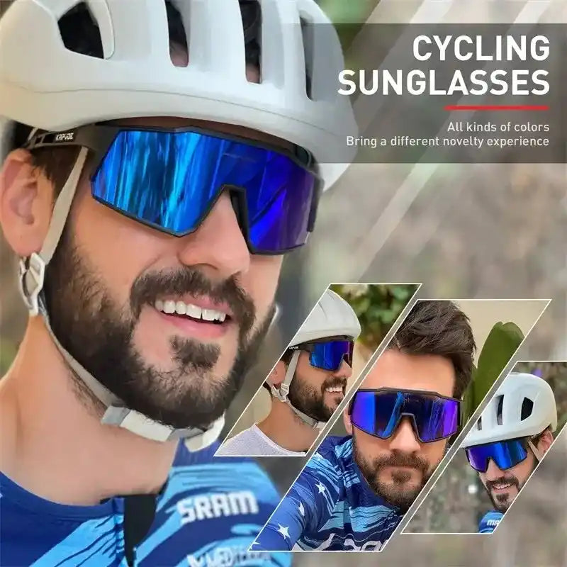 Cyclist wearing Kapvoe polarized cycling glasses with UV400 protection. Stylish ultra light eyewear for enhanced road biking performance.