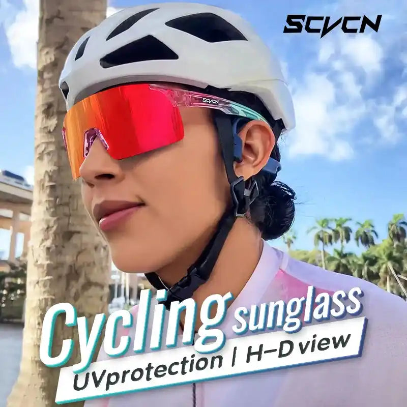 Cyclist wearing red-lens MTB cycling sunglasses with UV protection and HD view, perfect for outdoor sports and biking.
