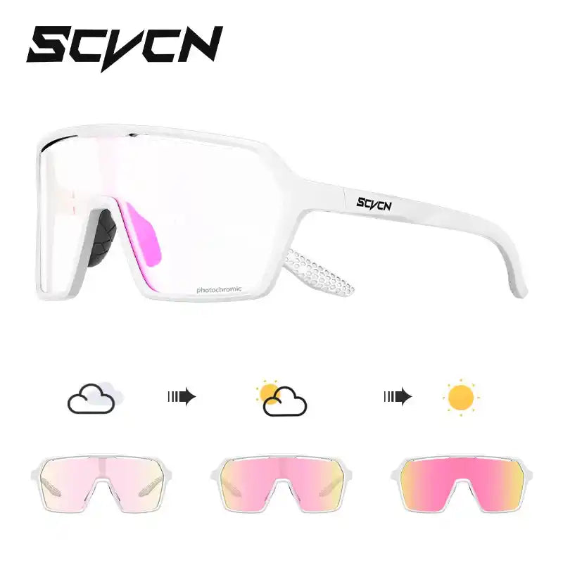 White photochromic cycling sunglasses with pink-tinted UV400 lenses, adapting to sunlight for outdoor sports performance.
