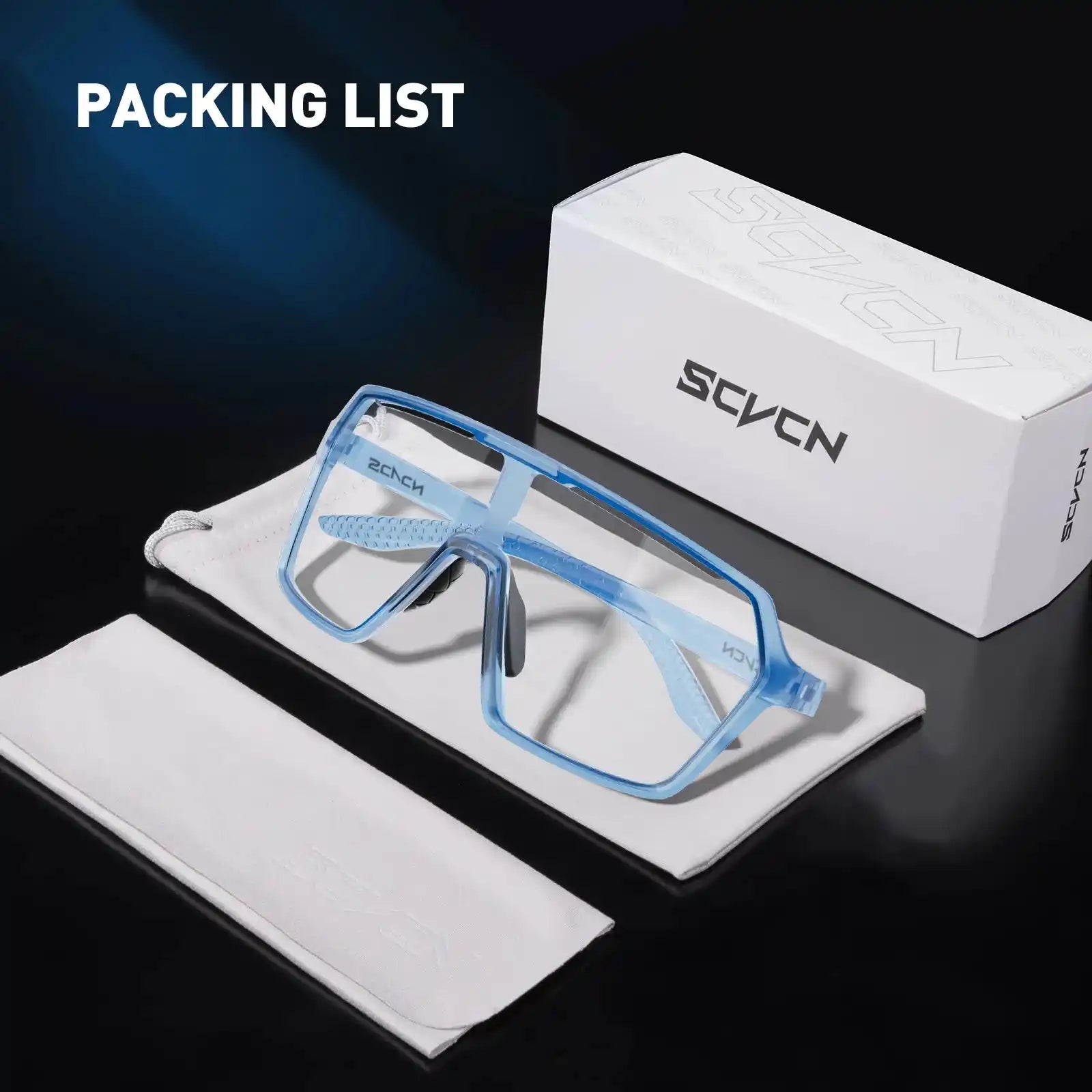 Blue photochromic cycling sunglasses with UV400 lenses, shown with branded box and pouch for outdoor sports use.