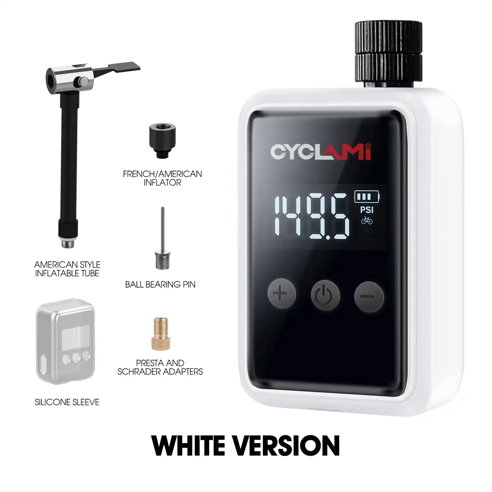 White version of mini electric tire pump with digital PSI display and multiple valve adapters. Efficient solution for bike tire inflating.