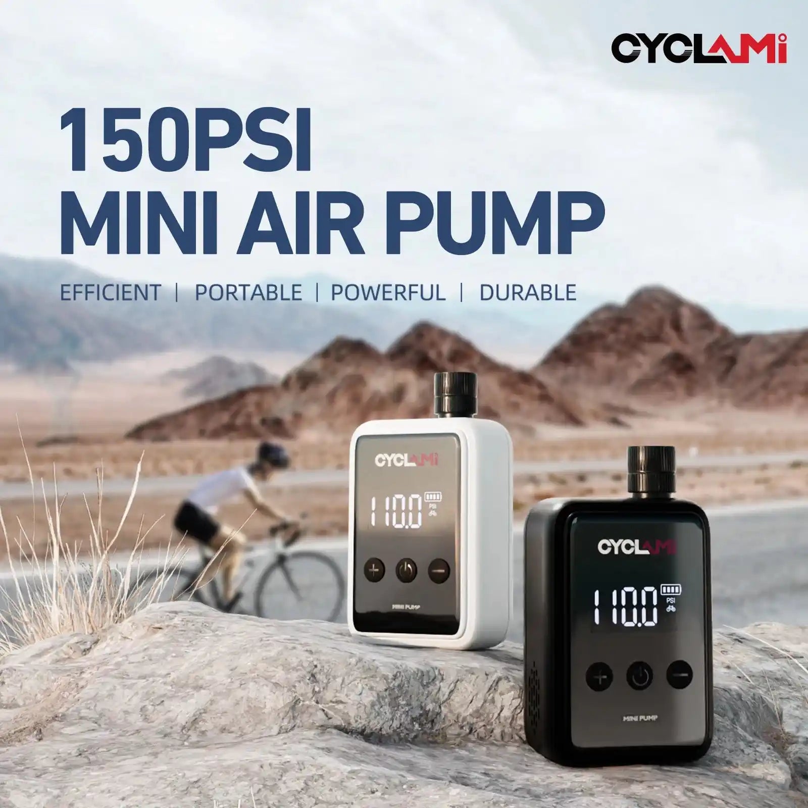 Efficient electric tire pump for bikes with 150 PSI capacity, shown in desert setting with cyclist. Compact, durable, and ideal for easy inflating.