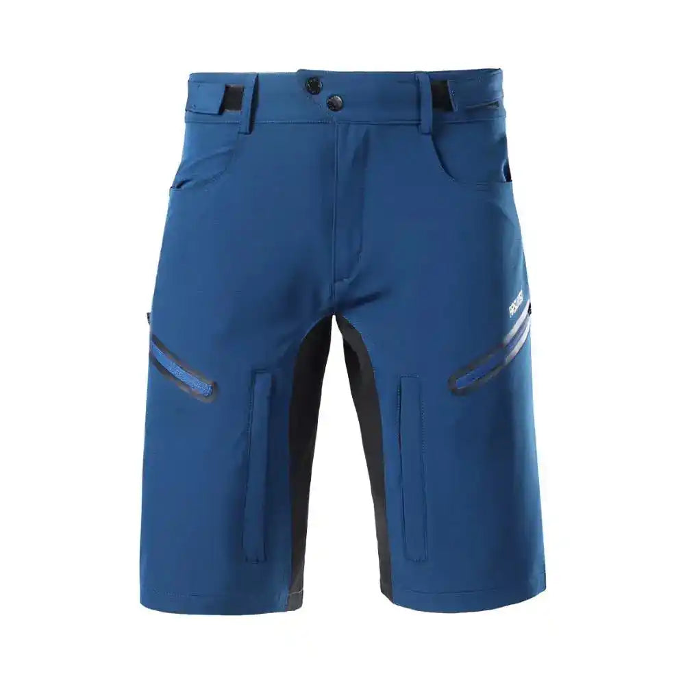 Front view of blue ARSUXEO MTB Shorts with dual zippered pockets and breathable quick-dry fabric for mountain biking.