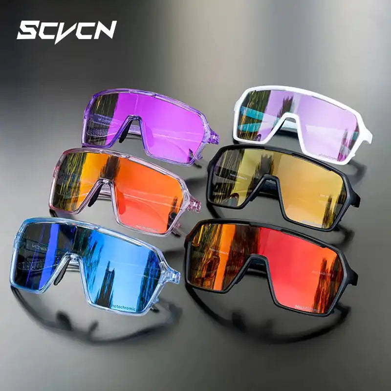 Assorted SCVCN photochromic cycling glasses in multiple colors, UV400 lenses ideal for men and women in various light conditions.