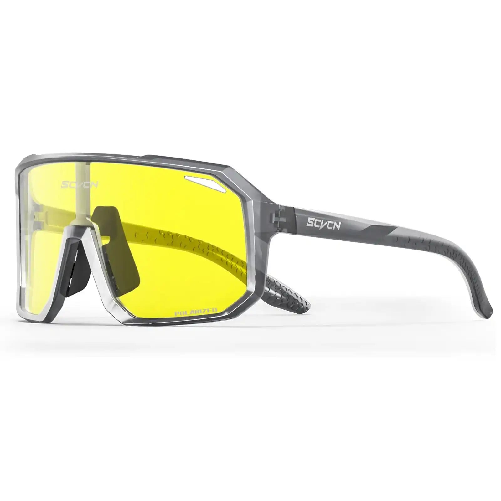Gray SCVCN polarized cycling sunglasses with yellow UV400 lenses, offering lightweight comfort and impact resistance for athletes.