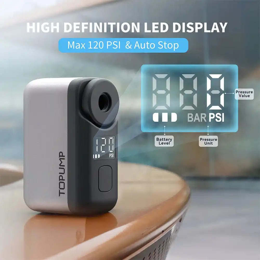 TOPUMP TB2 PRO cordless bike tire inflator with LED display showing PSI and BAR readings, featuring auto stop and max 120 PSI pressure.