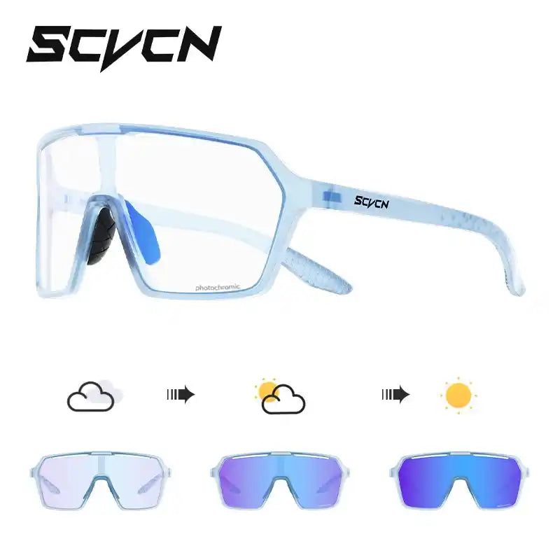 Light blue photochromic cycling sunglasses with UV400 lenses, transitioning from clear to blue for outdoor light adaptation.