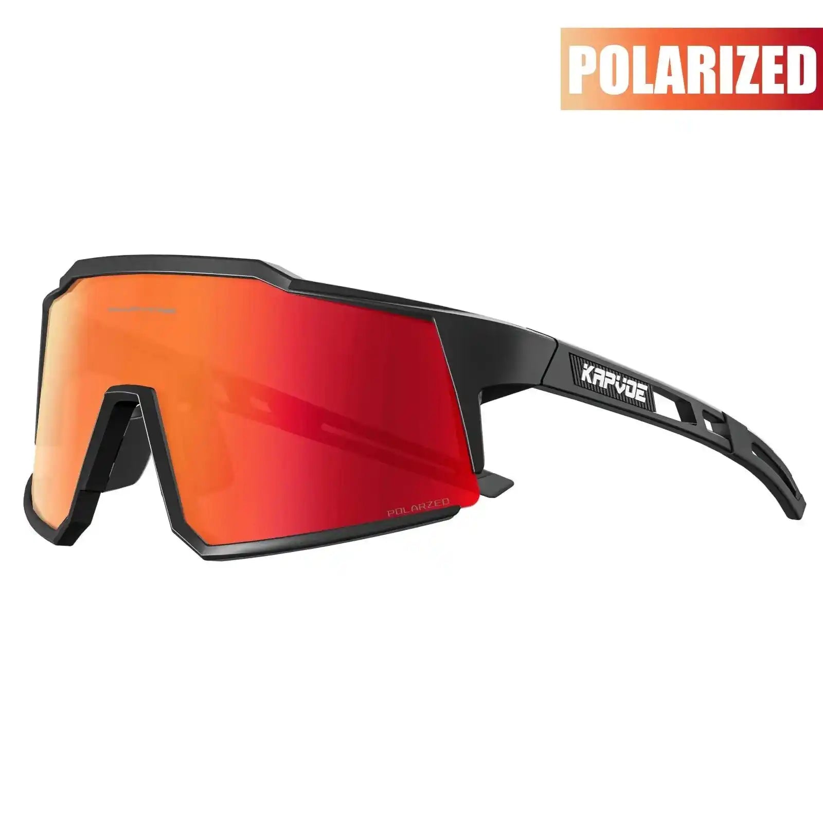 Kapvoe polarized cycling sunglasses with red UV400 lens and black frame. Designed for high-performance road biking and UV protection.