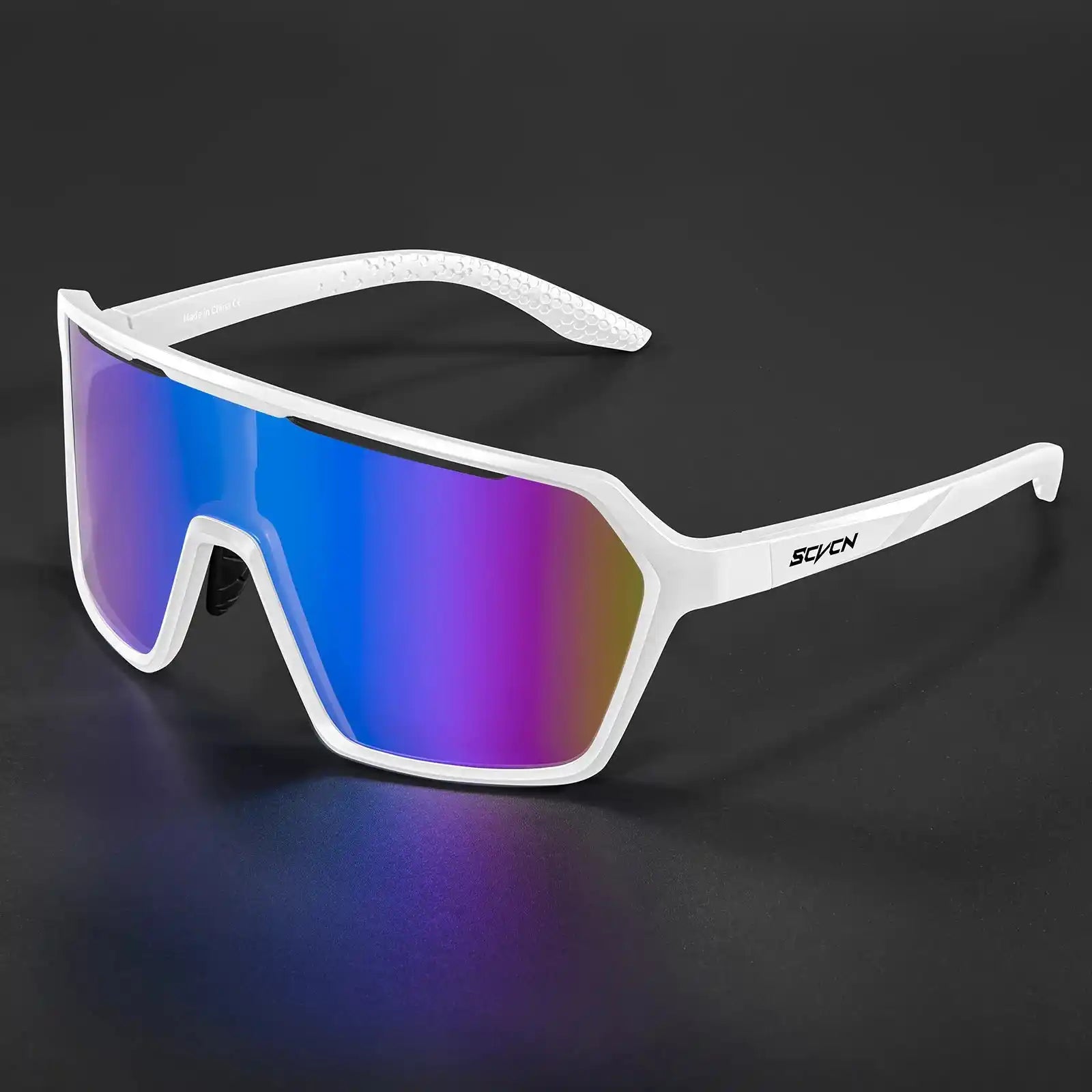 White frame cycling sunglasses with mirrored blue UV400 lenses, ideal for outdoor sports and high-light conditions.