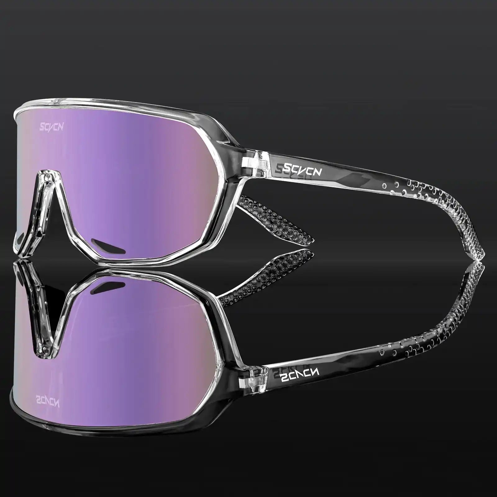 Transparent frame cycling sunglasses with purple photochromic lenses, featuring UV400 protection and durable design for athletes.