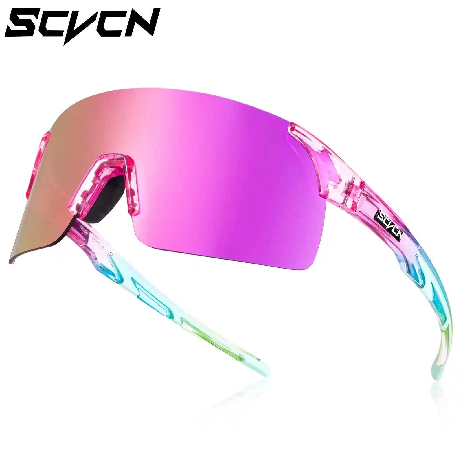 Photochromic MTB sunglasses with pink mirrored lens and colorful gradient frame. Designed for UV protection and cycling performance.