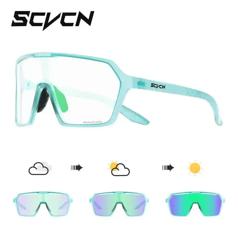 SCVCN Cycling Glasses in mint green with green-tinted photochromic UV400 lenses that shift with sunlight for enhanced outdoor performance.