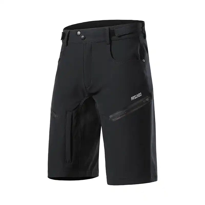 Black ARSUXEO MTB Shorts with quick-dry fabric and zippered pockets, ideal for breathable cycling and outdoor adventures.