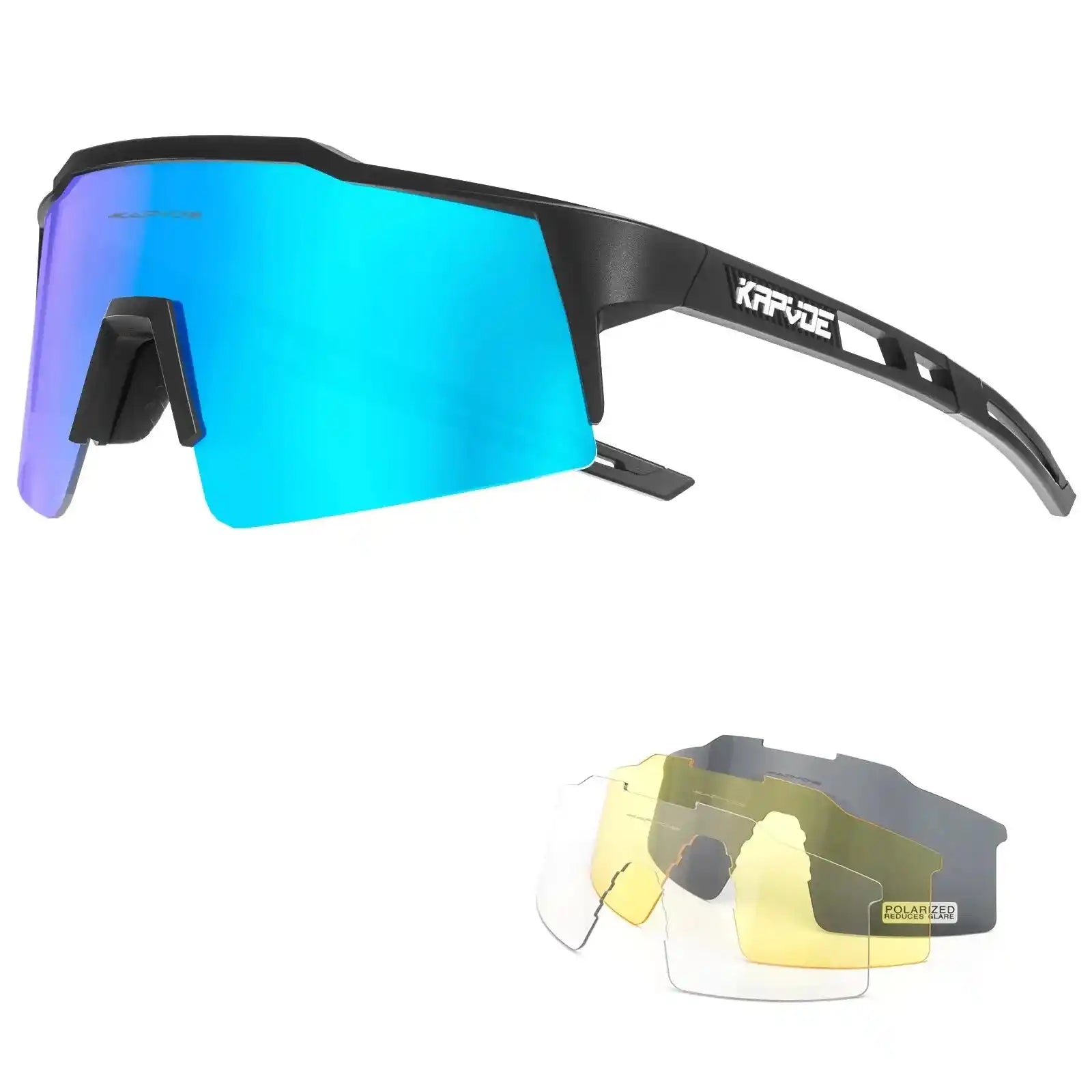 Kapvoe polarized cycling glasses with interchangeable lenses including blue, yellow, and clear, offering UV400 protection and versatility.