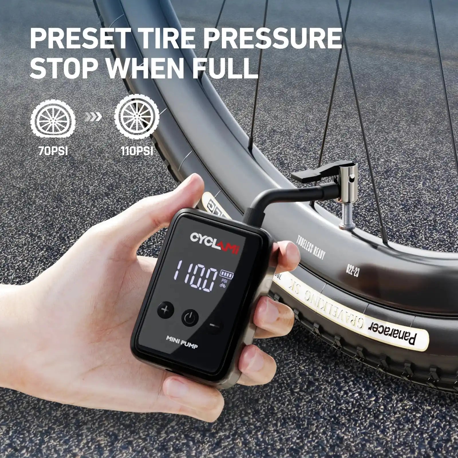 Electric tire pump inflating bike tire with preset PSI setting. Automatically stops when full, ensuring efficient and easy tire inflation.