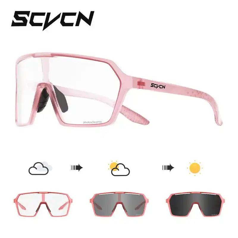 Pink photochromic cycling sunglasses with UV400 protection, lenses adjust from clear to dark for optimal outdoor visibility.