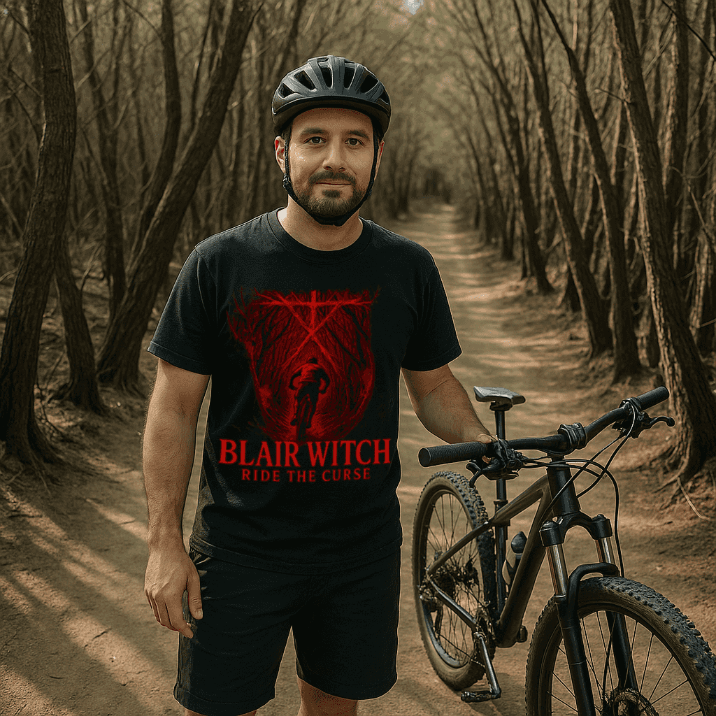 Man wearing Blair Witch Graphic T-Shirt with bold red horror design while holding a bike on a forest trail, ideal for spooky outdoor style.