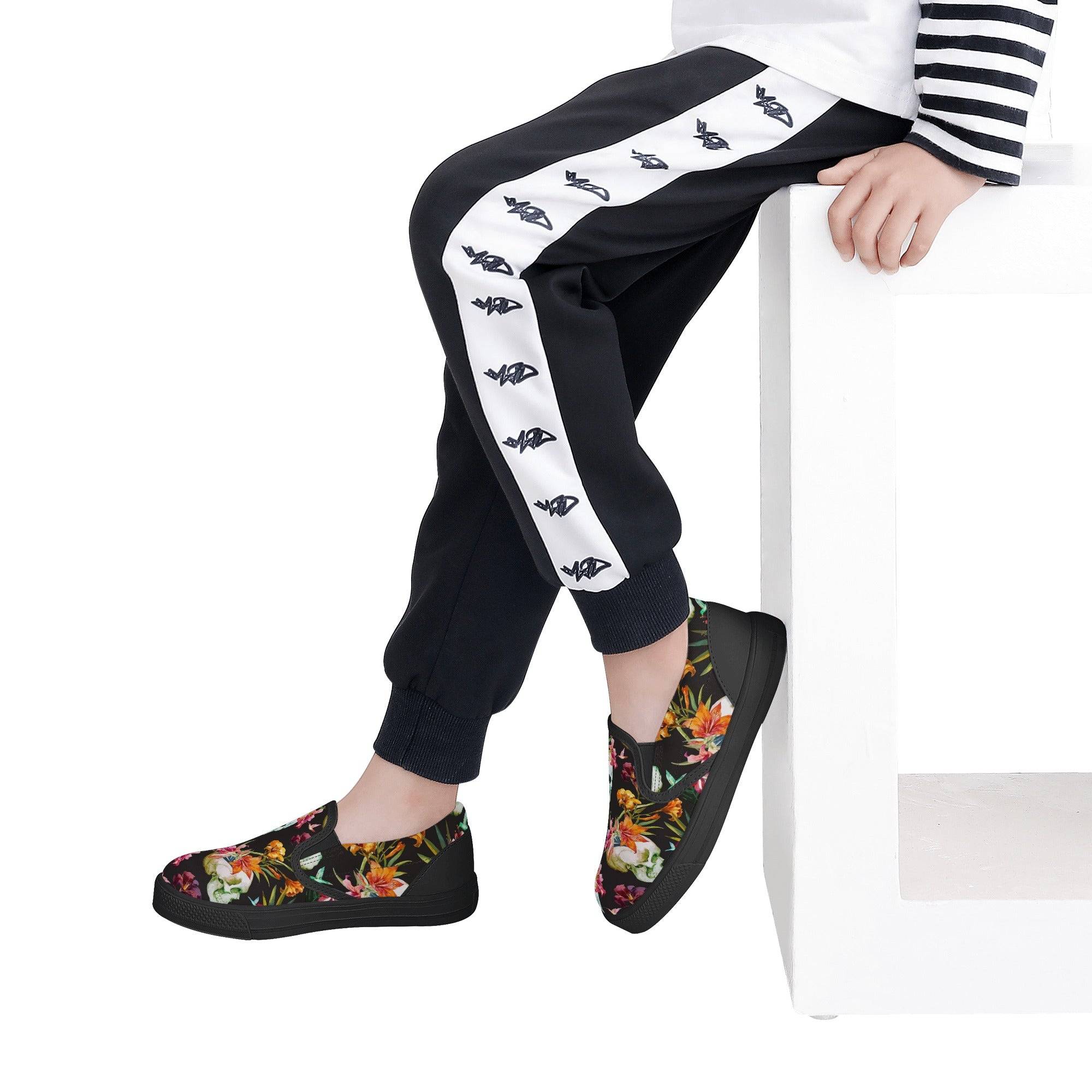 KIDS SLIP ON SHOES | FLORAL SKULL PATTERN | BLACK | SIZES 11 - 3 - Single Track Dreamer