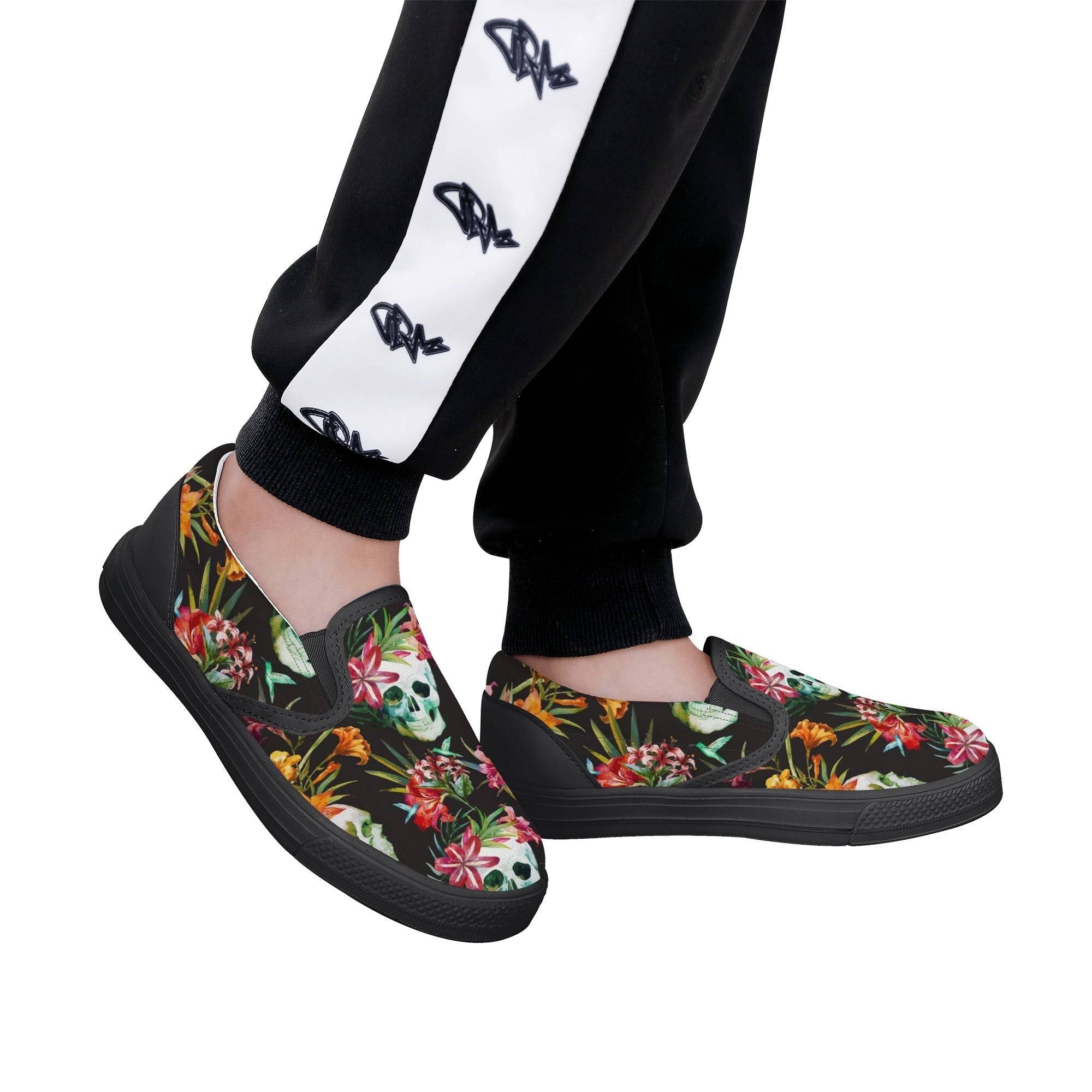 KIDS SLIP ON SHOES | FLORAL SKULL PATTERN | BLACK | SIZES 11 - 3 - Single Track Dreamer