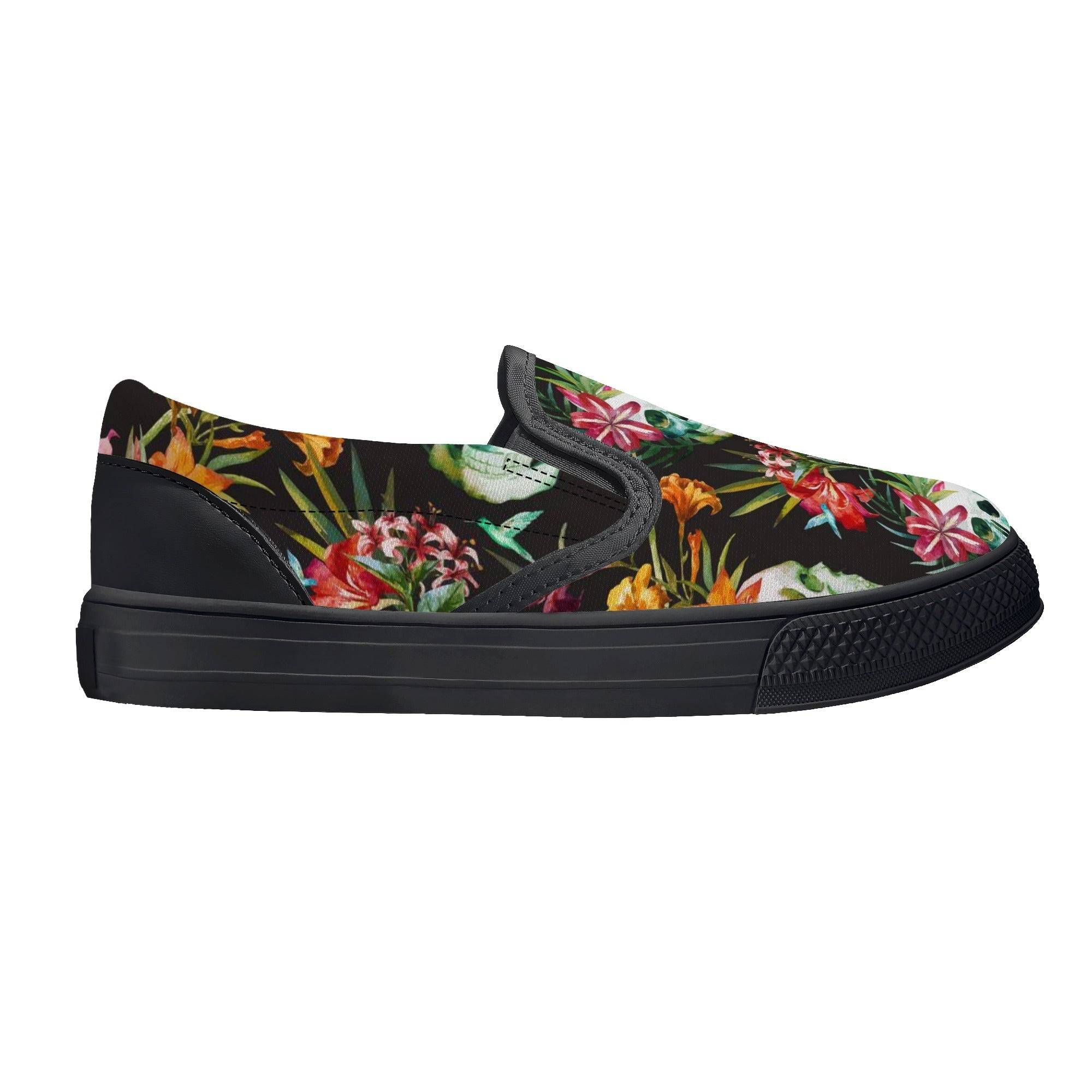 KIDS SLIP ON SHOES | FLORAL SKULL PATTERN | BLACK | SIZES 11 - 3 - Single Track Dreamer
