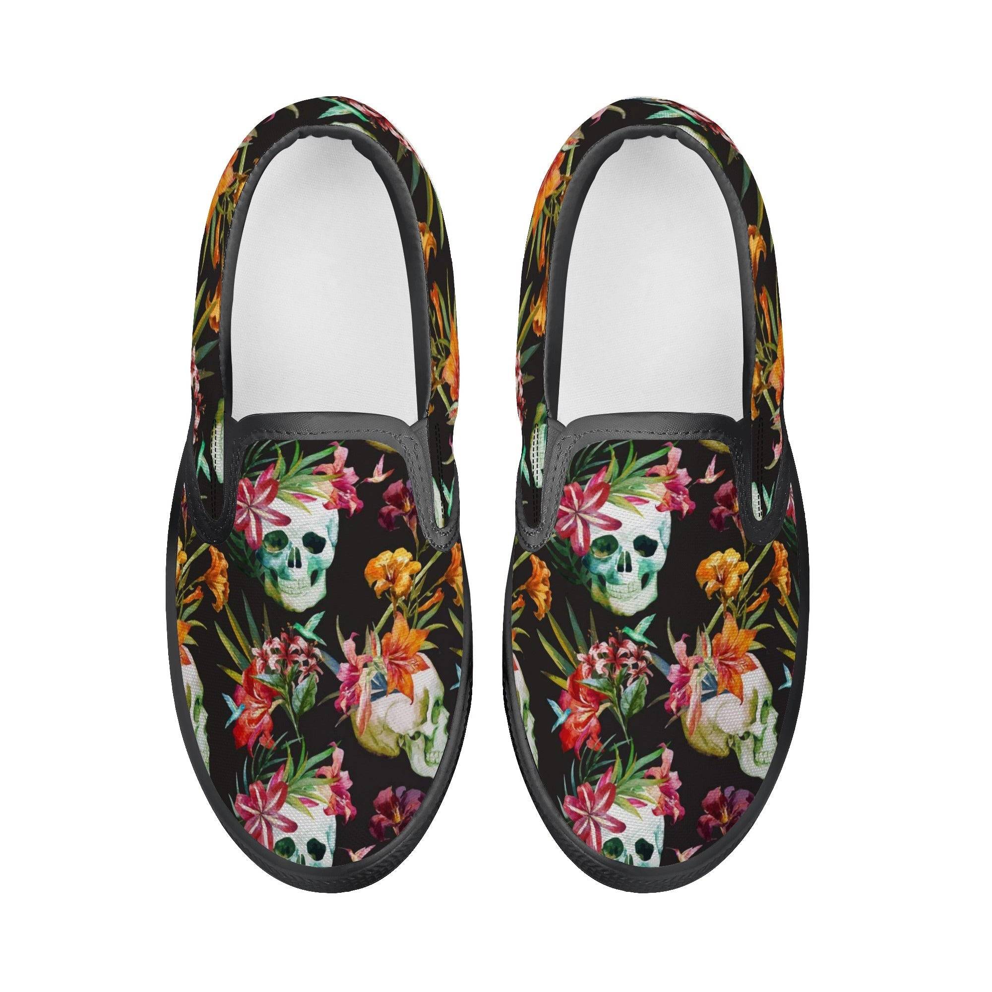 KIDS SLIP ON SHOES | FLORAL SKULL PATTERN | BLACK | SIZES 11 - 3 - Single Track Dreamer