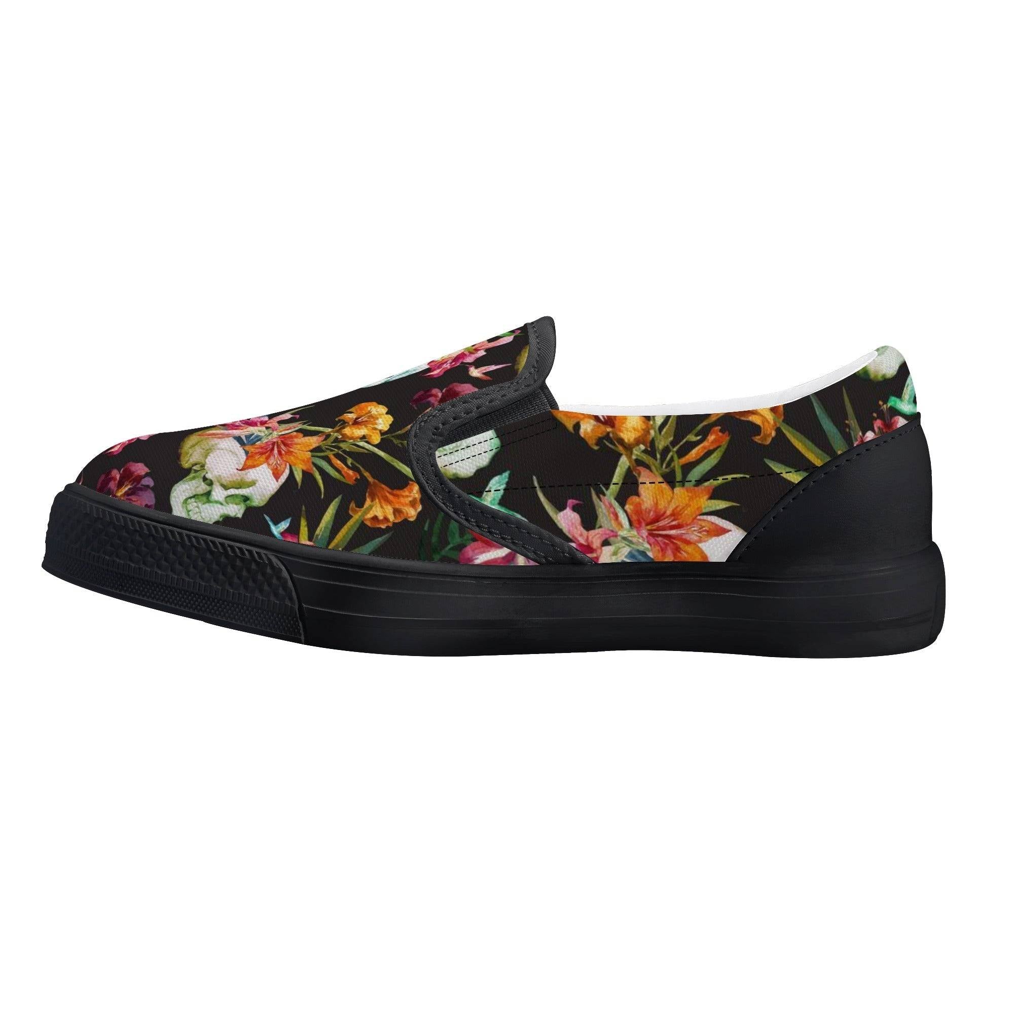 KIDS SLIP ON SHOES | FLORAL SKULL PATTERN | BLACK | SIZES 11 - 3 - Single Track Dreamer