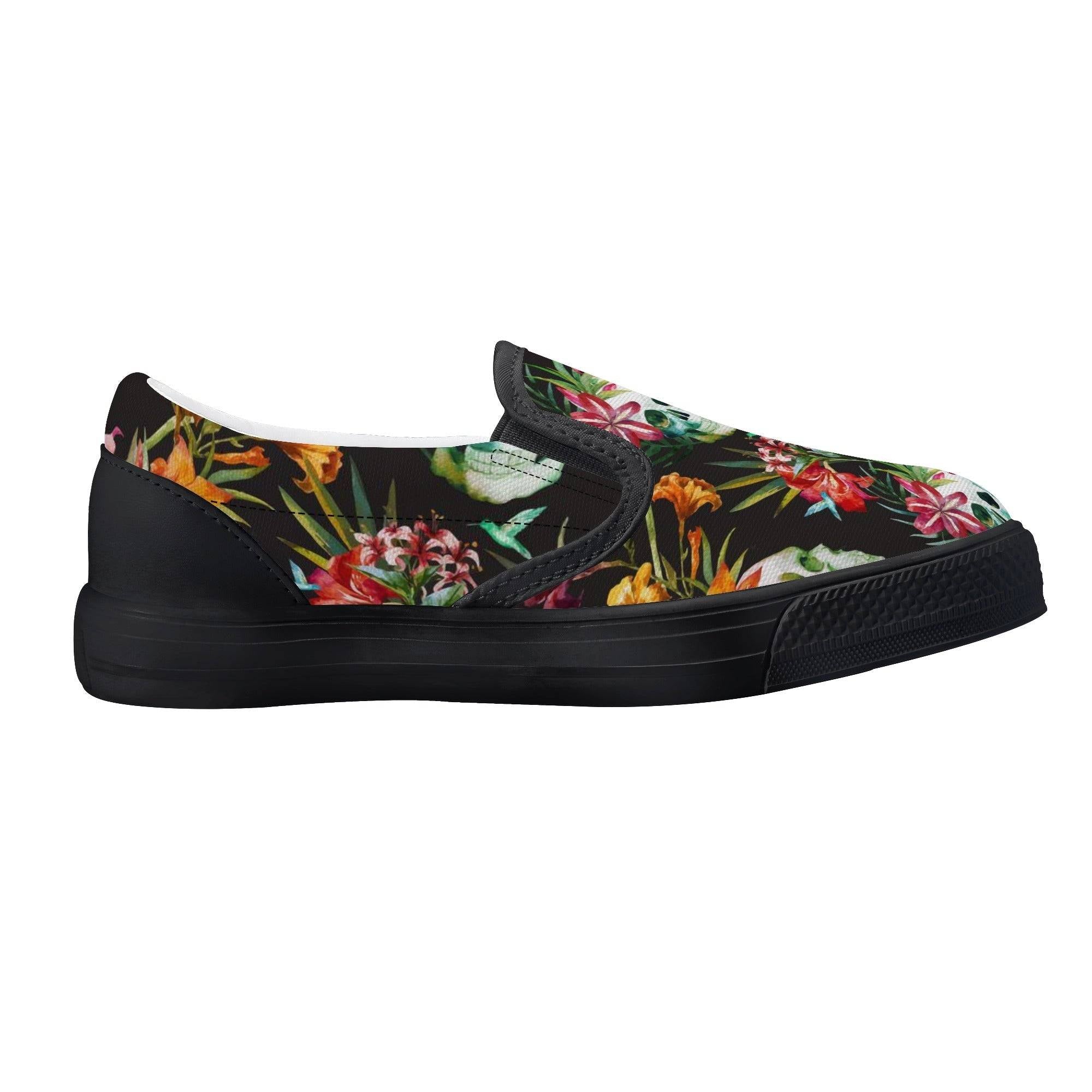 KIDS SLIP ON SHOES | FLORAL SKULL PATTERN | BLACK | SIZES 11 - 3 - Single Track Dreamer
