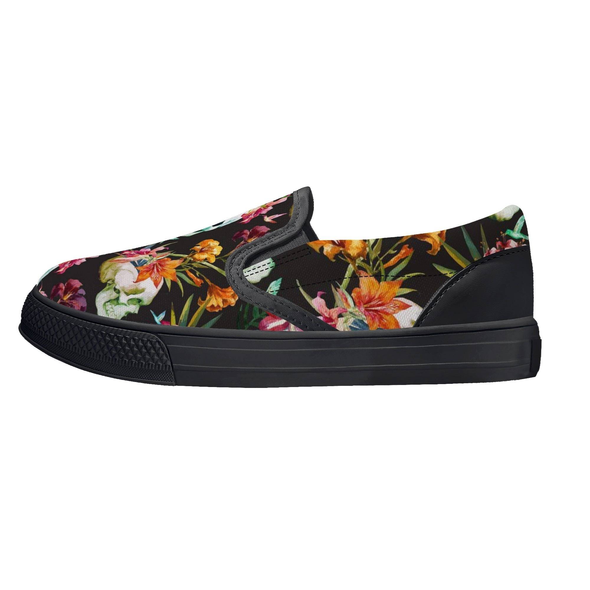KIDS SLIP ON SHOES | FLORAL SKULL PATTERN | BLACK | SIZES 11 - 3 - Single Track Dreamer