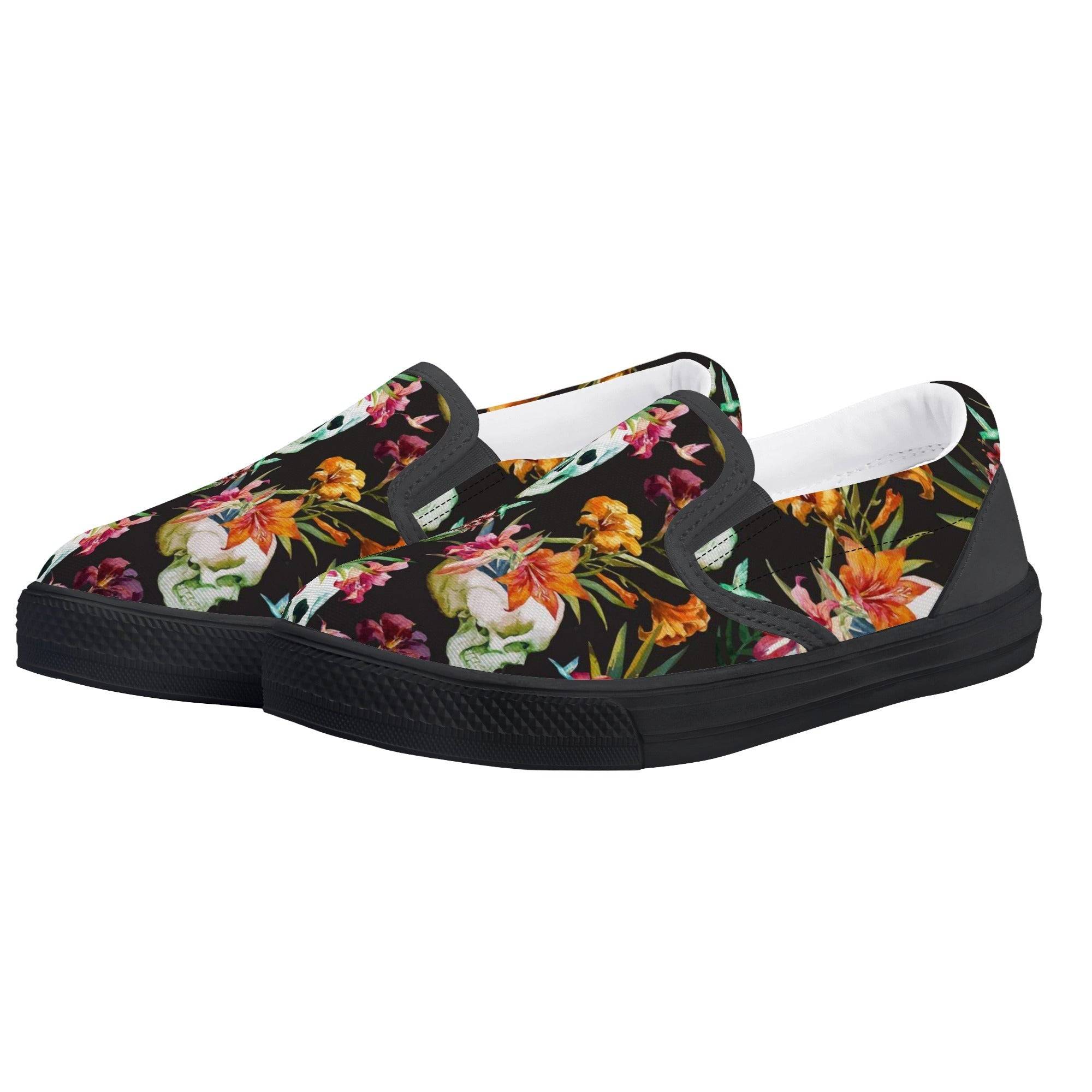 KIDS SLIP ON SHOES | FLORAL SKULL PATTERN | BLACK | SIZES 11 - 3 - Single Track Dreamer
