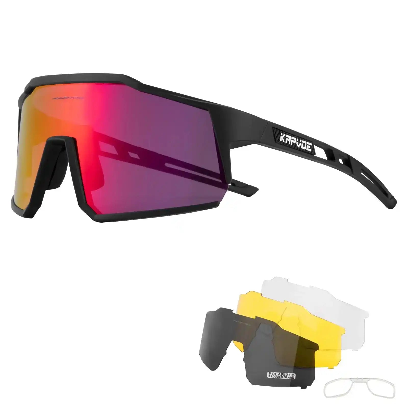 Kapvoe polarized cycling glasses with UV400 protection and interchangeable lenses. Ultra light design ideal for road biking and outdoor sports.