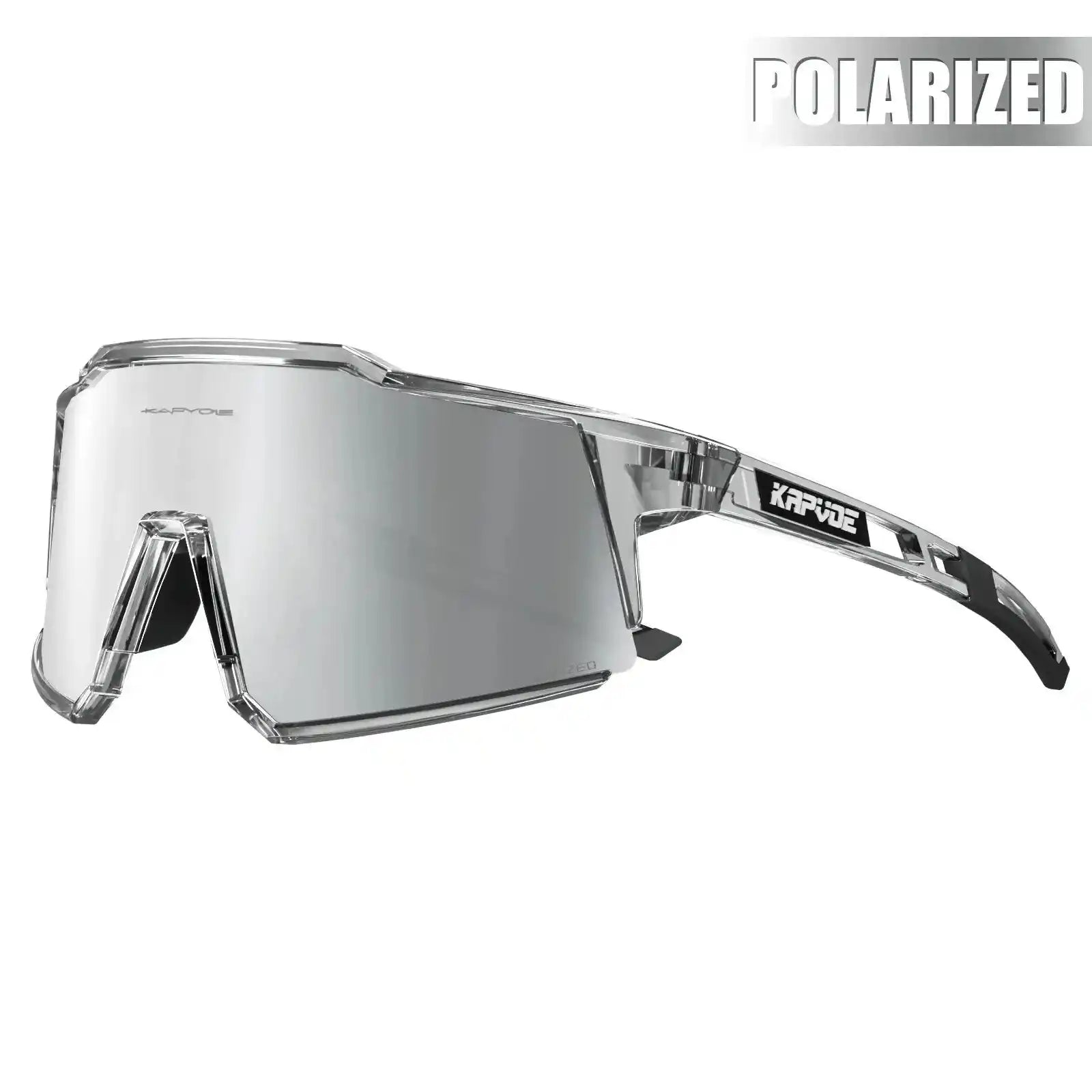 Kapvoe polarized cycling glasses with UV400 protection in silver mirrored lens and transparent frame, offering full eye coverage for riders.