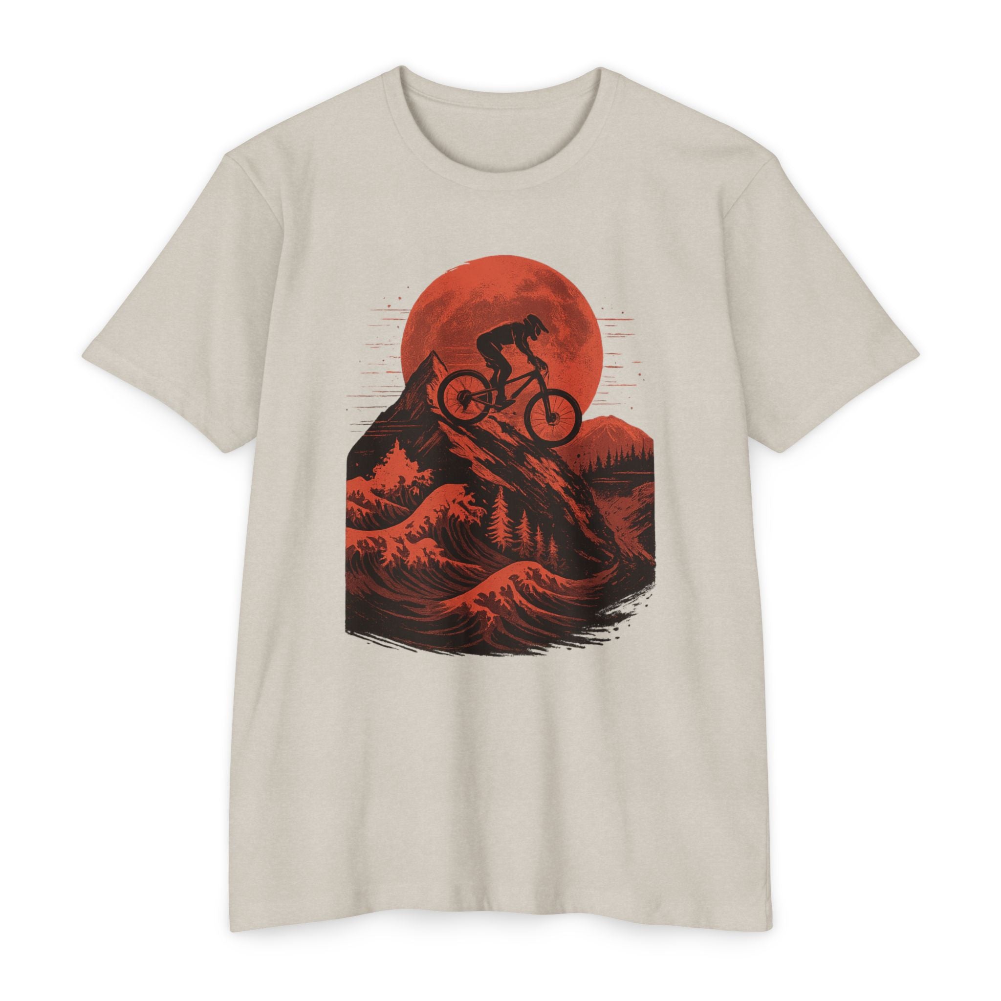 Adventure Tee - Blood Moon features a bold red moon and mountain biker graphic on a beige unisex t-shirt. Ideal for trail riders and MTB fans.