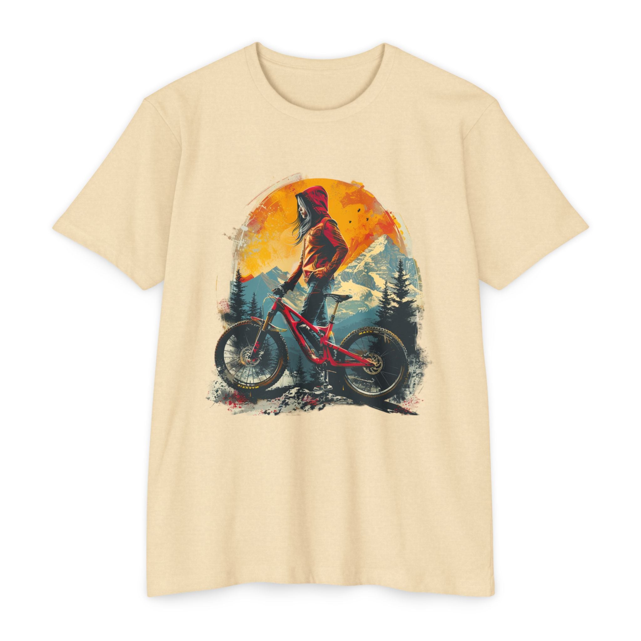 Women’s Mountain Bike Rider T-Shirt – Trail Sunset Art