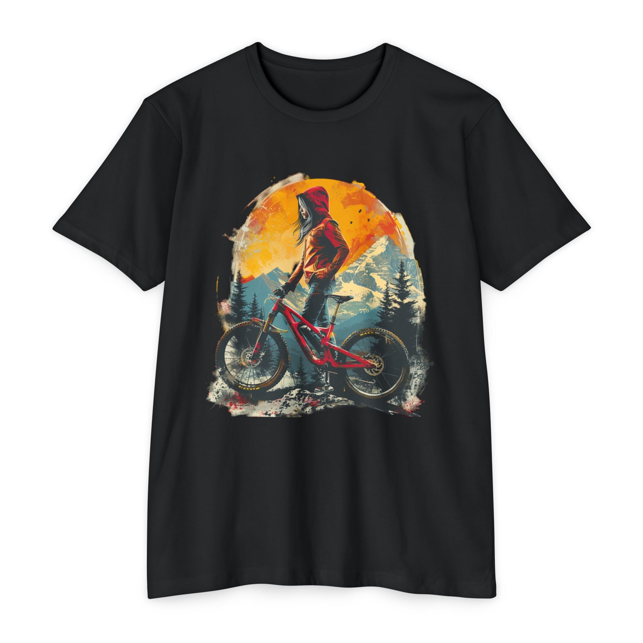 Women’s Mountain Bike Rider T-Shirt – Trail Sunset Art