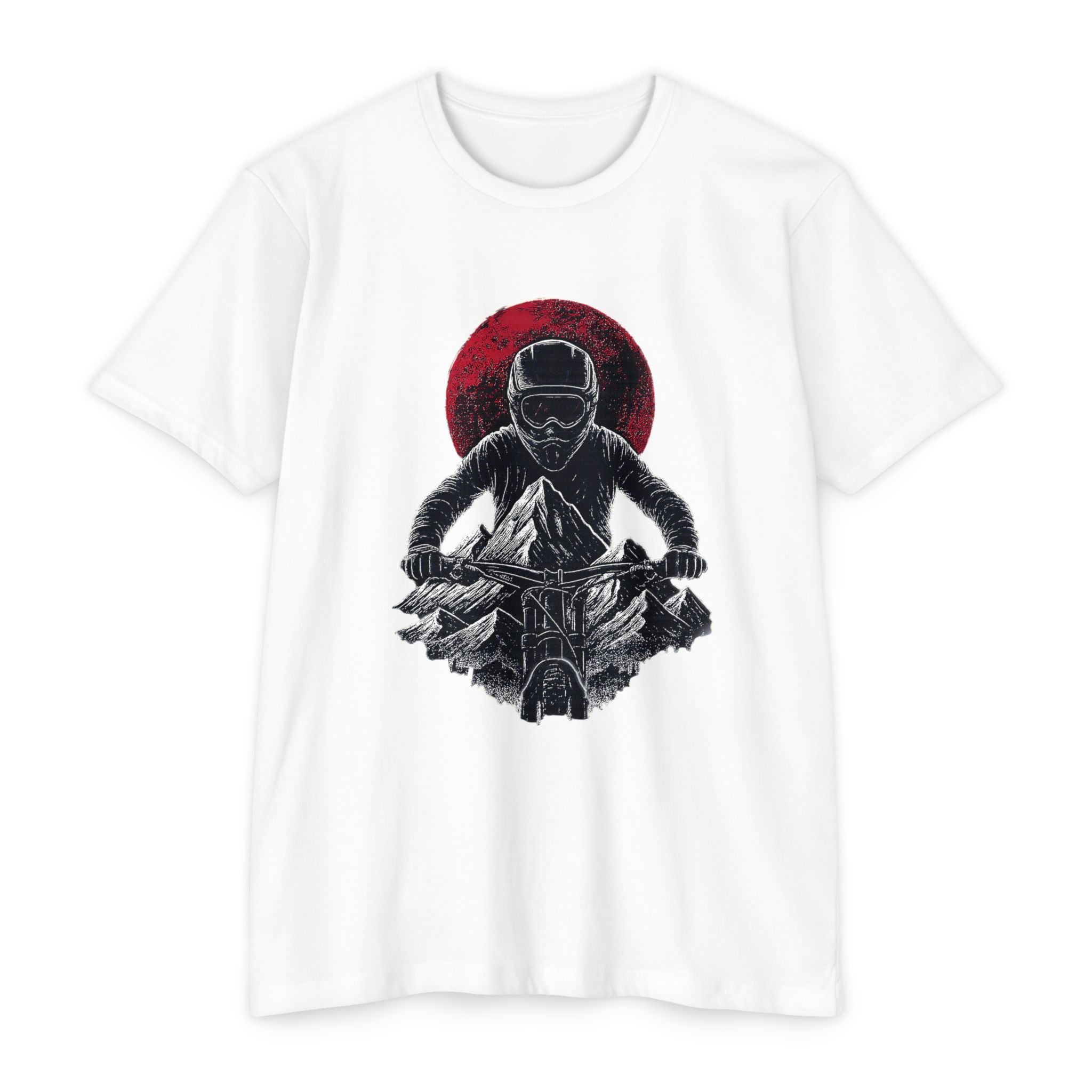 White Vintage Mountain Bike Tee with striking downhill rider and red sun design, great for extreme sports fans and MTB lifestyle wear.