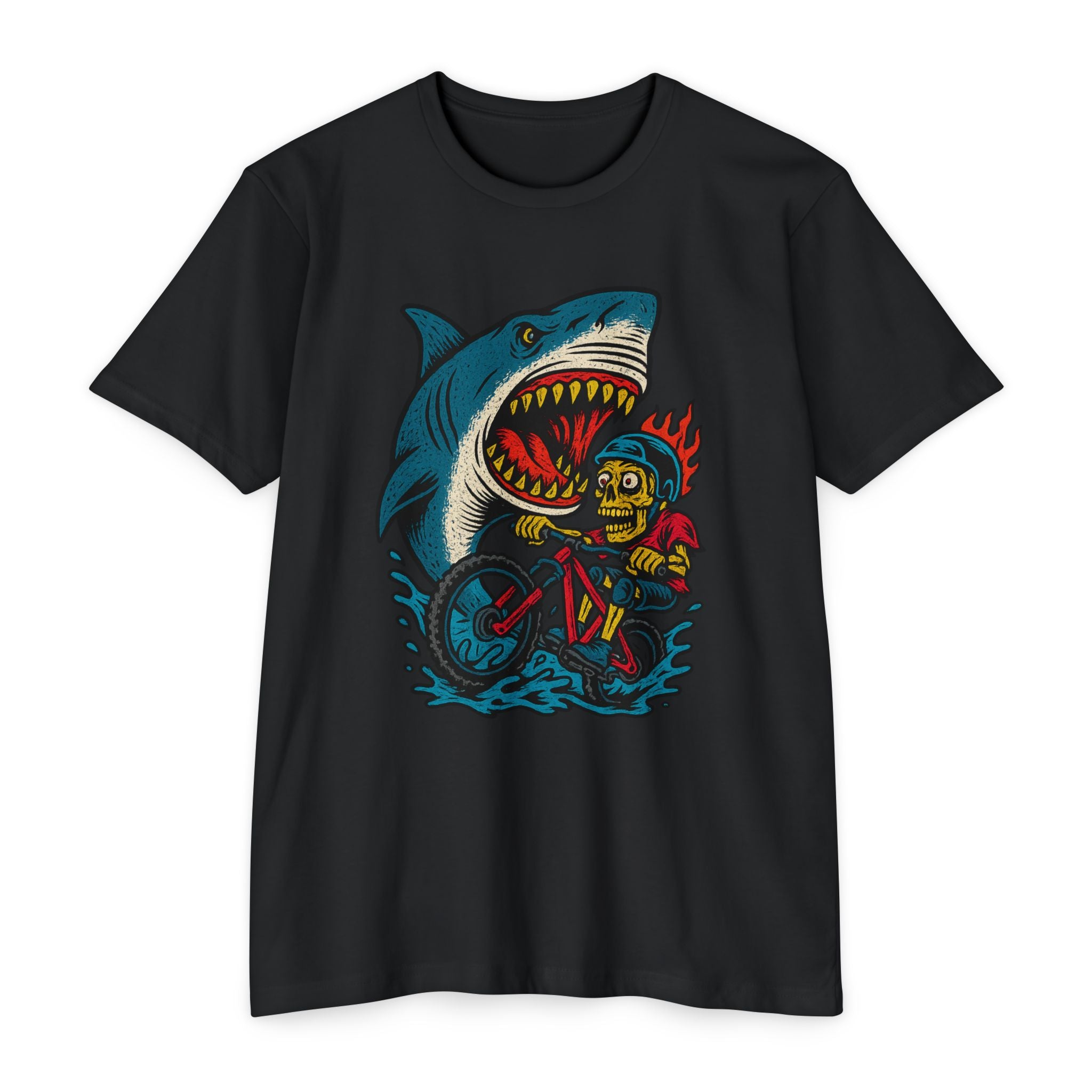 Black t-shirt with a graphic design of a shark and skeleton on a white background