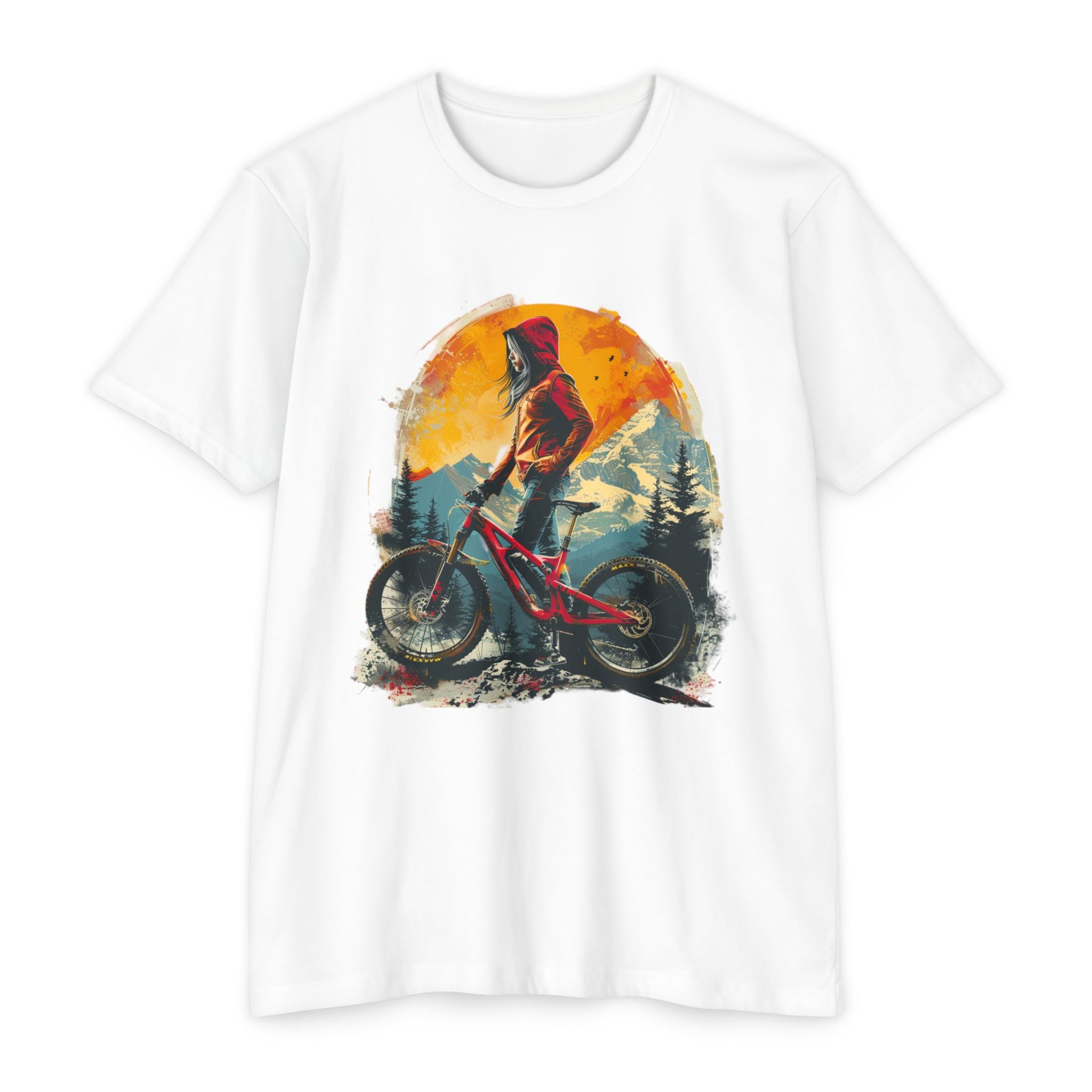Women’s Mountain Bike Rider T-Shirt – Trail Sunset Art