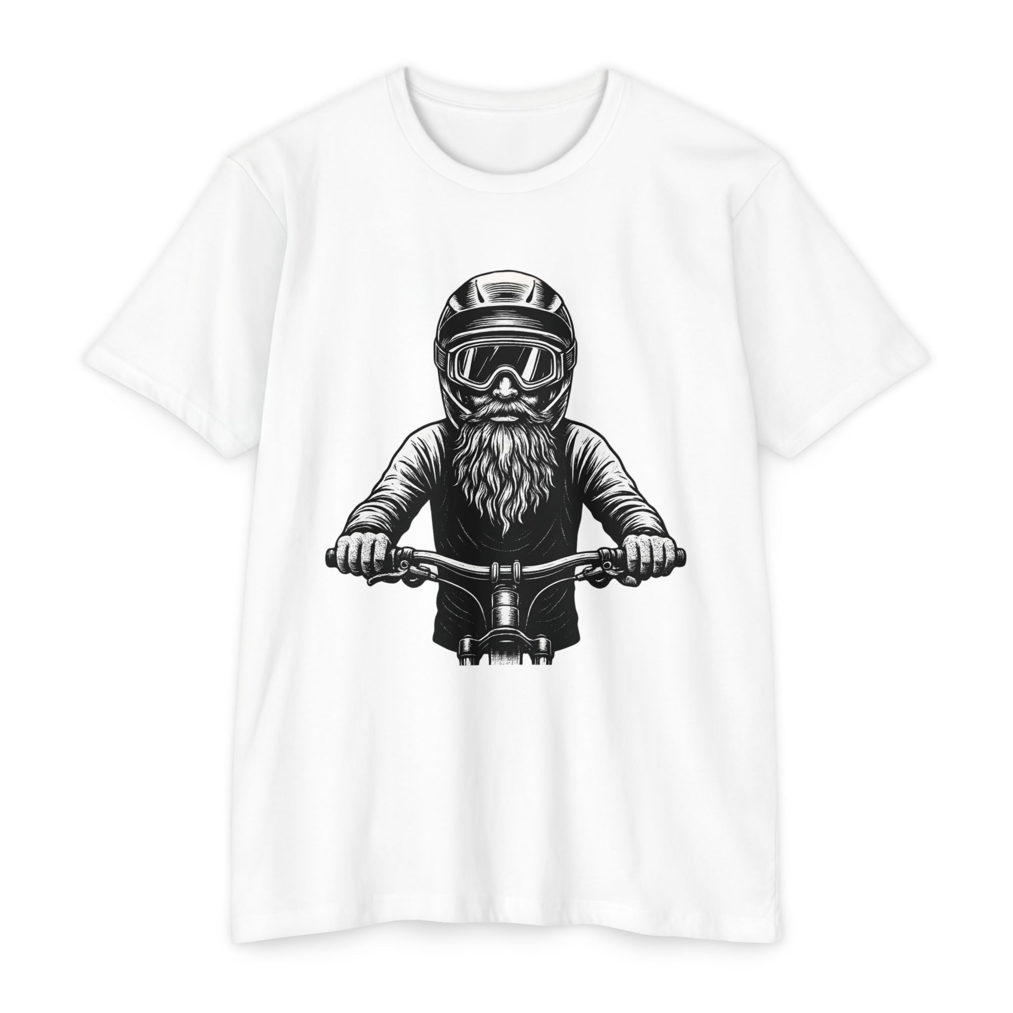 White vintage mountain biker tee showcasing a bearded rider in helmet. Classic fit and soft cotton ideal for cycling and casual wear.