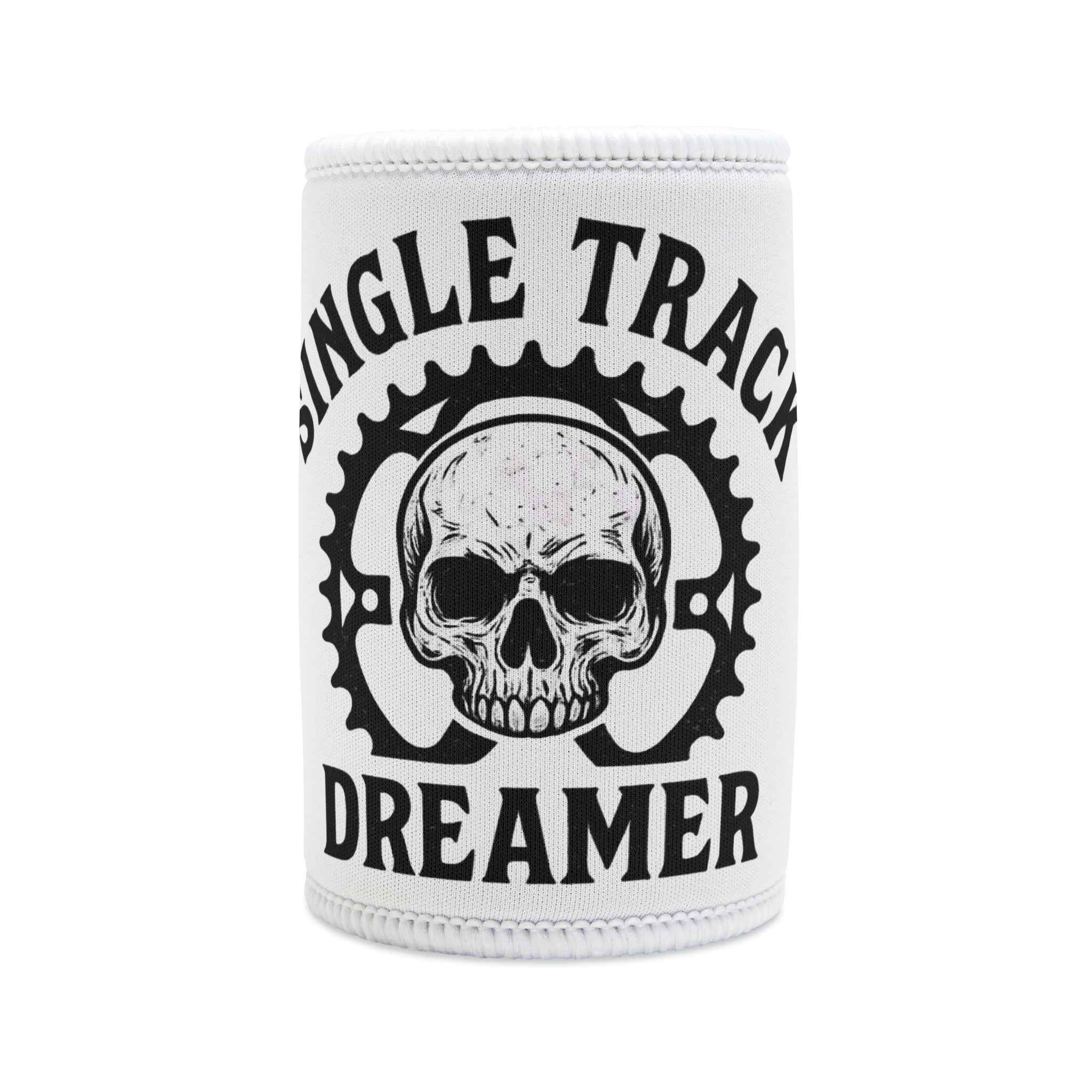 Skull Stubby Cooler for Bikers with bold 'Single Track Dreamer' text and skull gear design in black on white neoprene. Ideal for cycling and MTB fans.