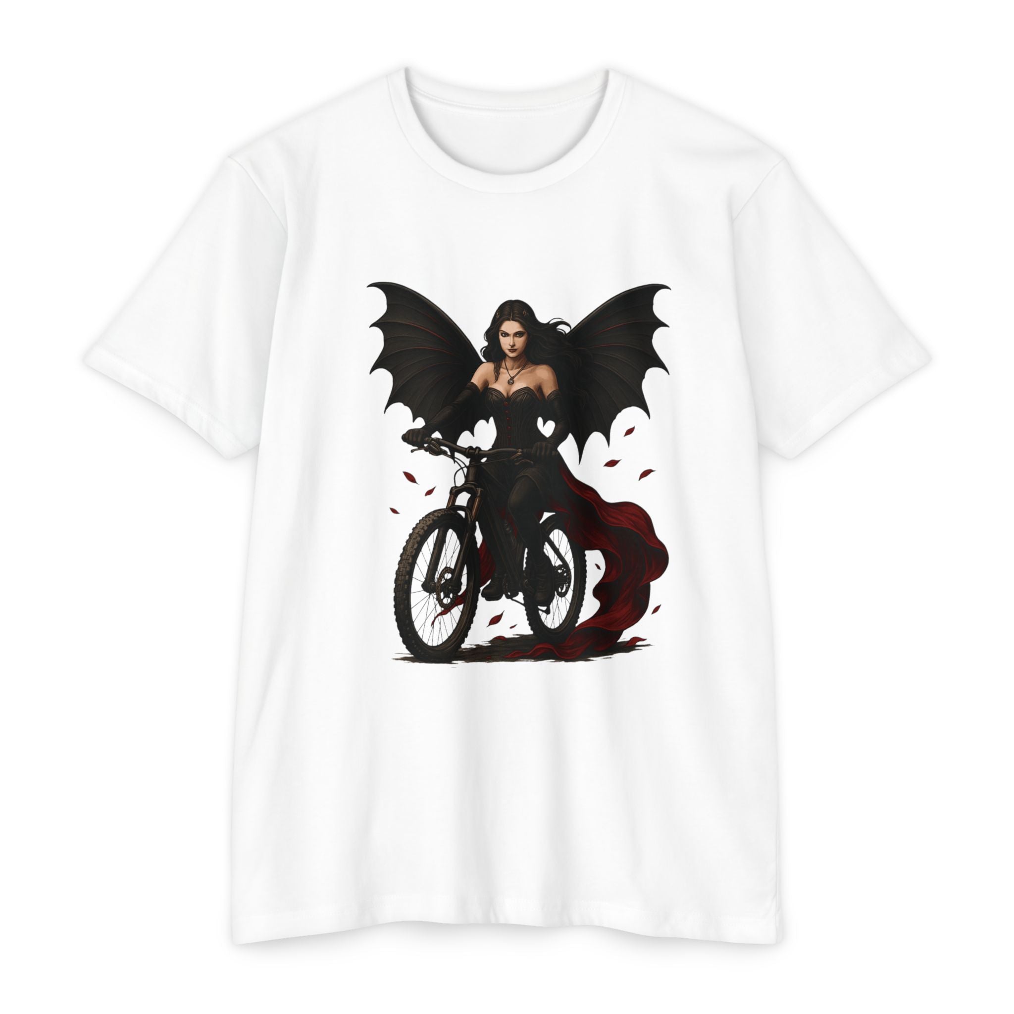 White t-shirt with a graphic design of a woman with bat wings and a red dress on a white background