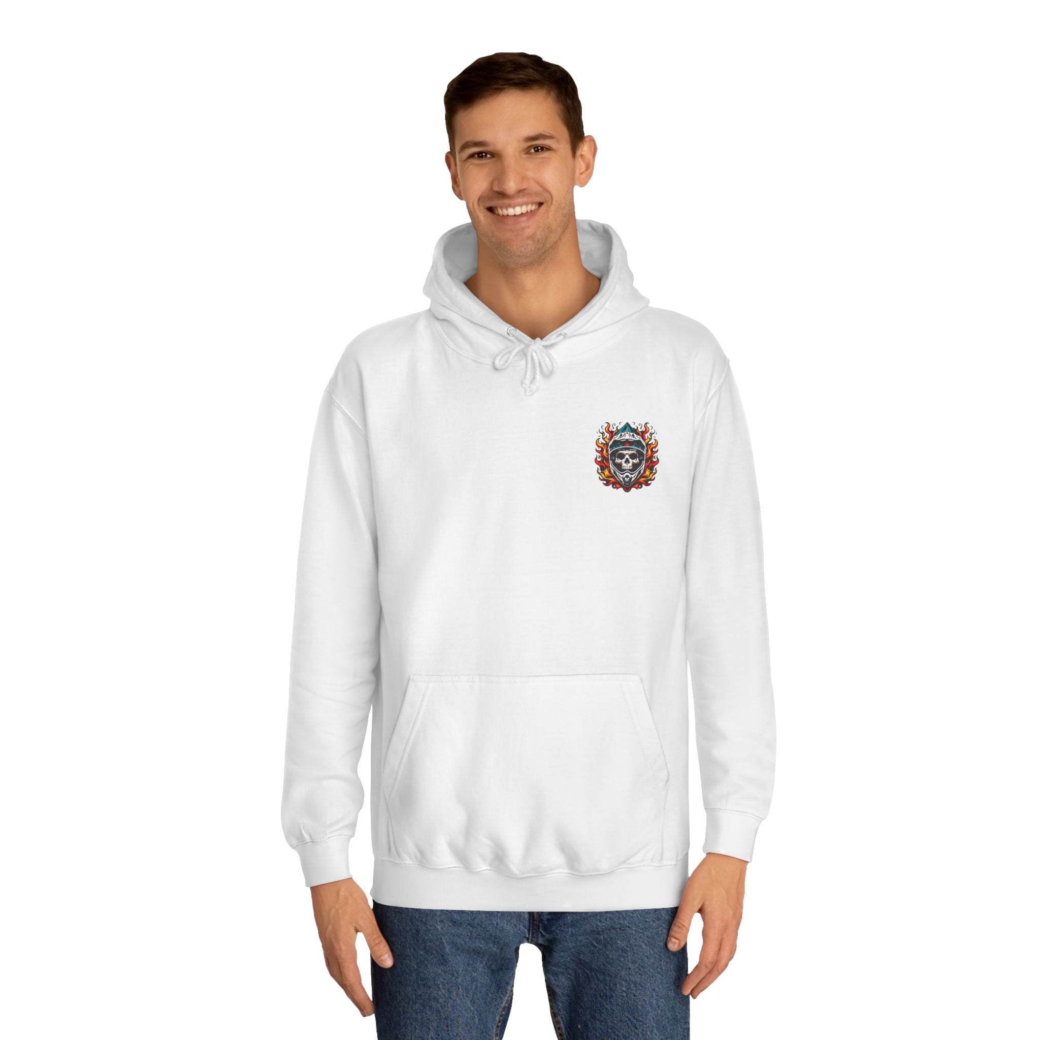 Model wearing white Flaming Skull MTB Hoodie with front flame skull logo, a heavyweight unisex hoodie for MTB and casual wear.
