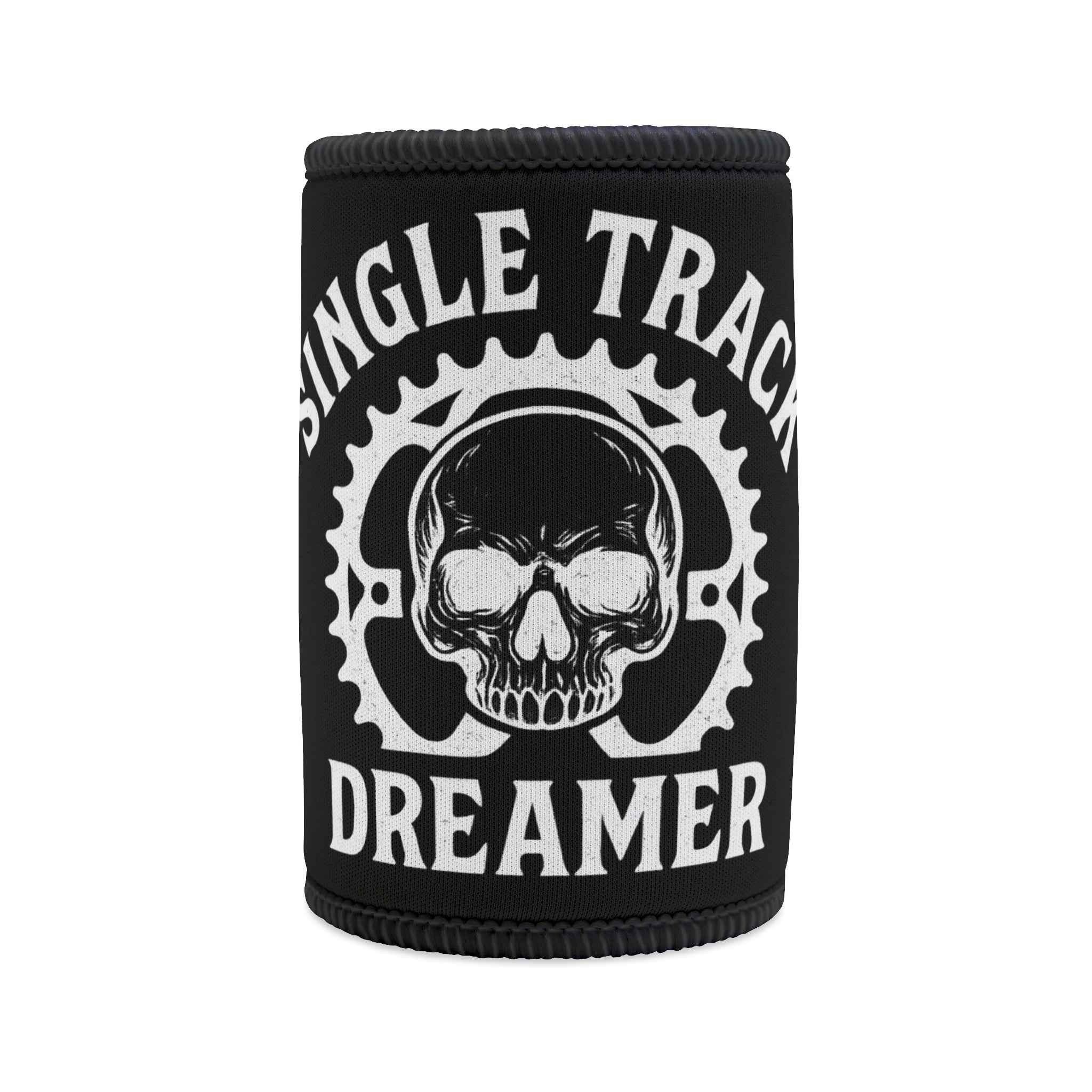 Skull Design Stubby Cooler - Single Track Dreamer featuring a bold skull inside a bike chainring, ideal for mountain bikers and cycling fans.