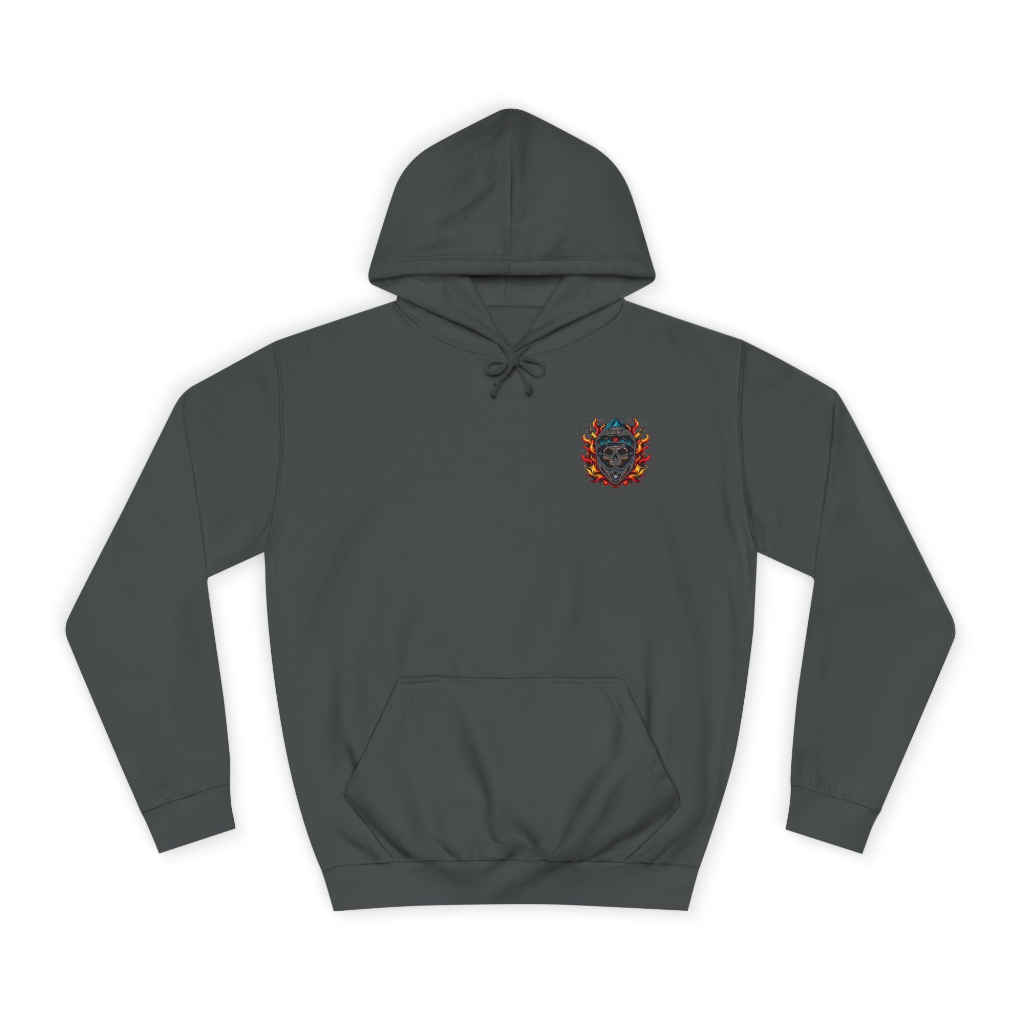 Charcoal Flaming Skull MTB Hoodie featuring a bold flame skull emblem on the front, perfect for mountain biking and extreme sports wear.