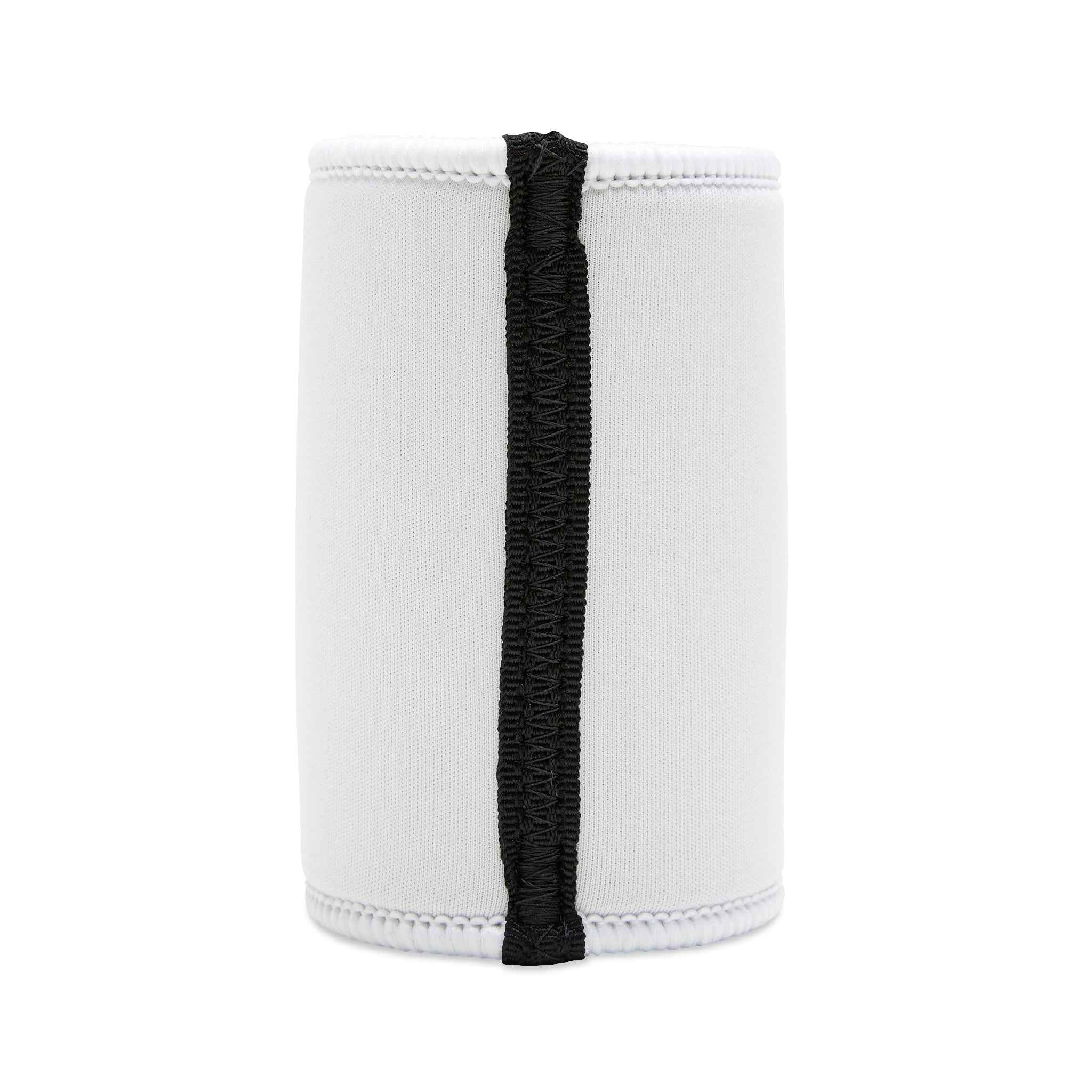 Back view of Skull Stubby Cooler for Bikers featuring solid white neoprene with reinforced black seam for a snug, insulated fit on cans or bottles.