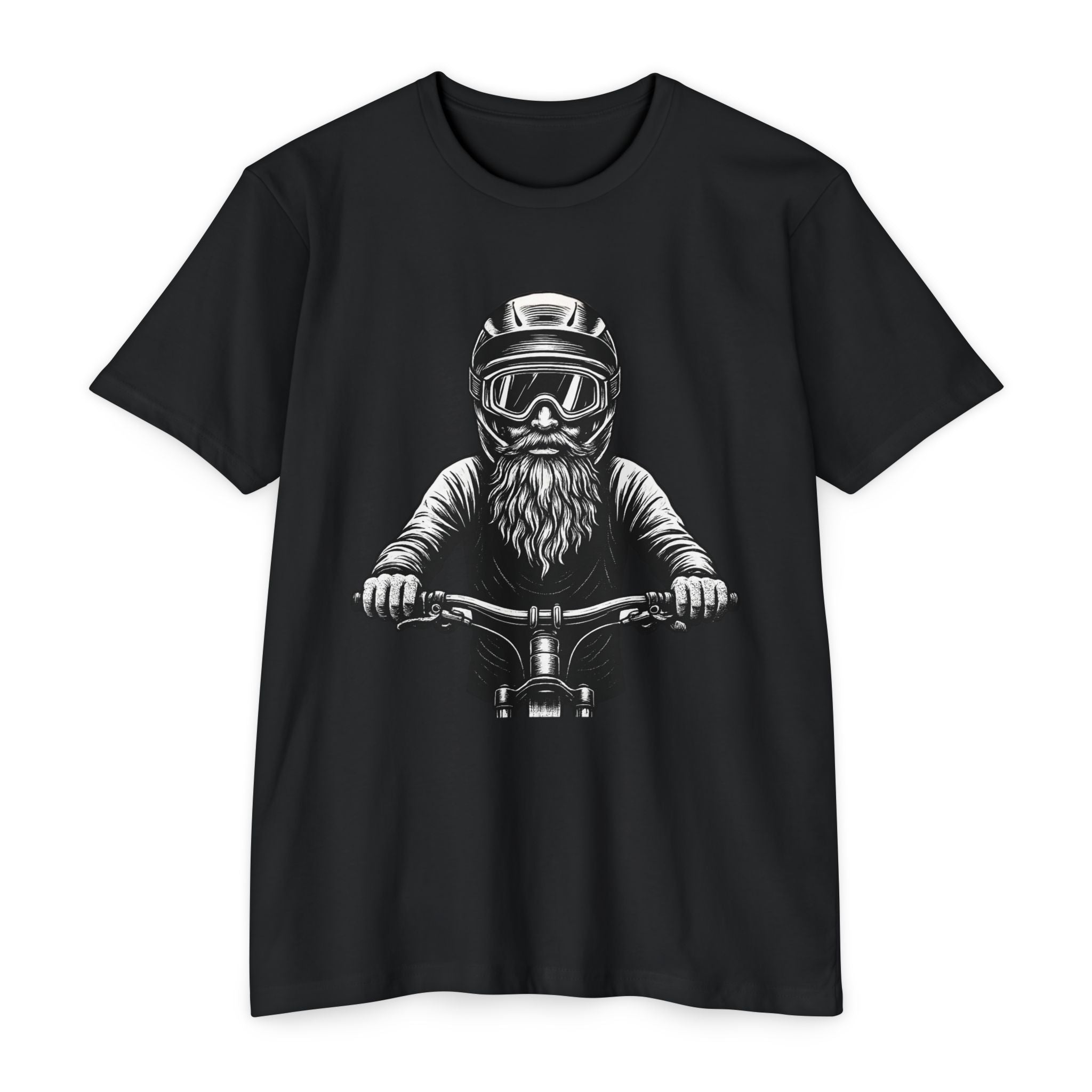 Black vintage mountain biker tee featuring a bold bearded rider graphic in helmet and goggles. Soft cotton blend ideal for outdoor biking.