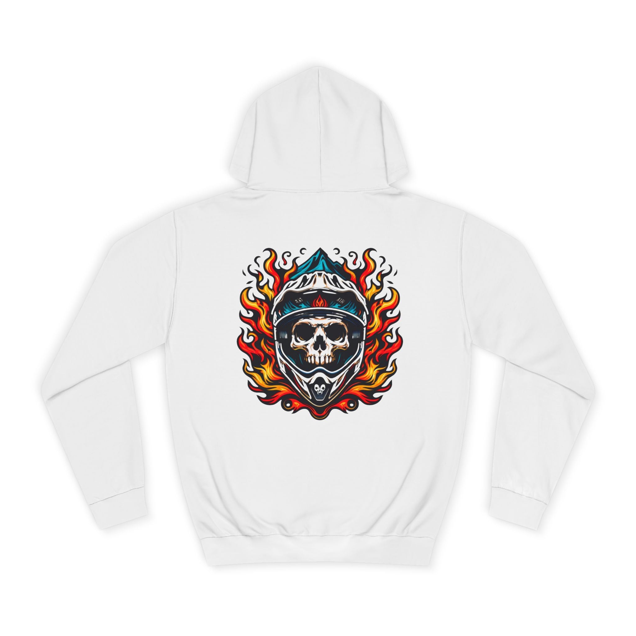 Back view of white Flaming Skull MTB Hoodie showcasing large flaming skull with helmet graphic, designed for trail and downhill riders.