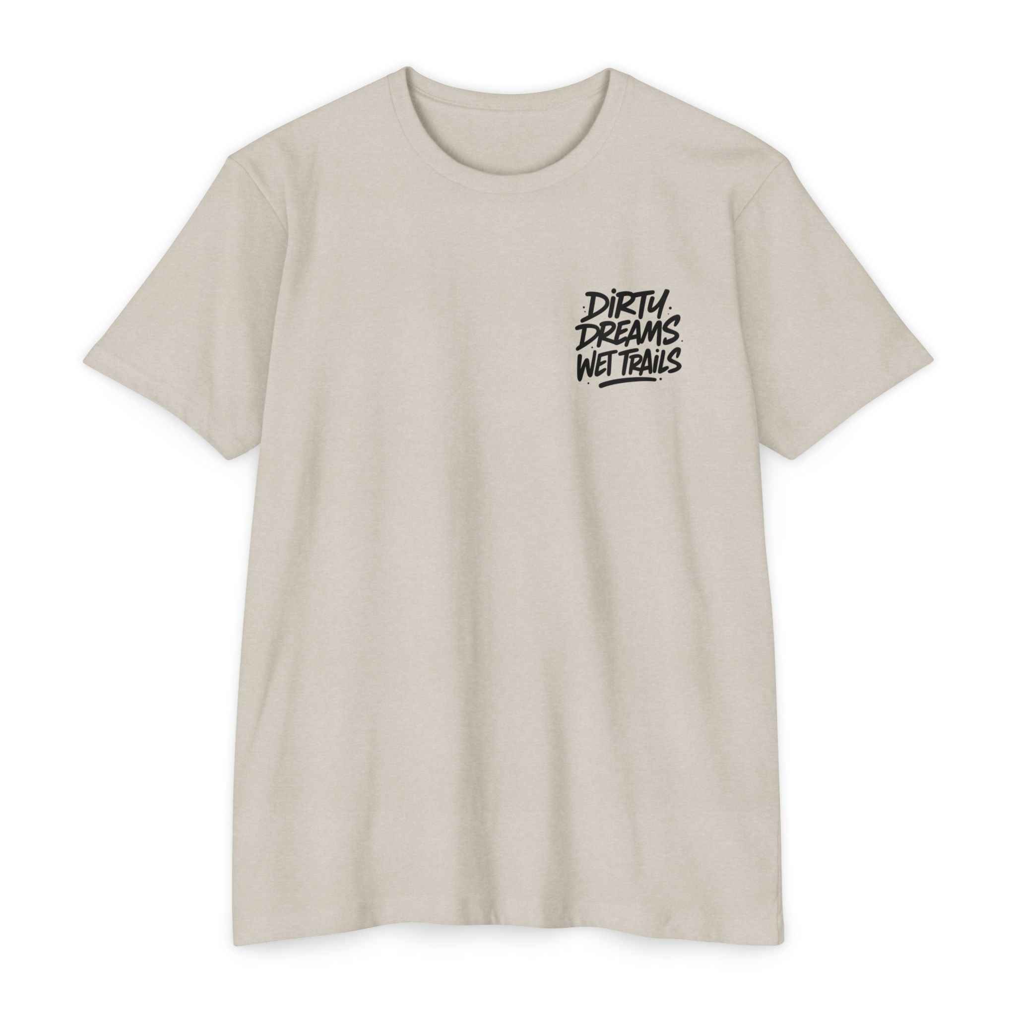 Dirty Dreams MTB T-Shirt in beige with black chest text 'Dirty Dreams Wet Trails' for mountain biking fans. Lightweight and breathable fabric.